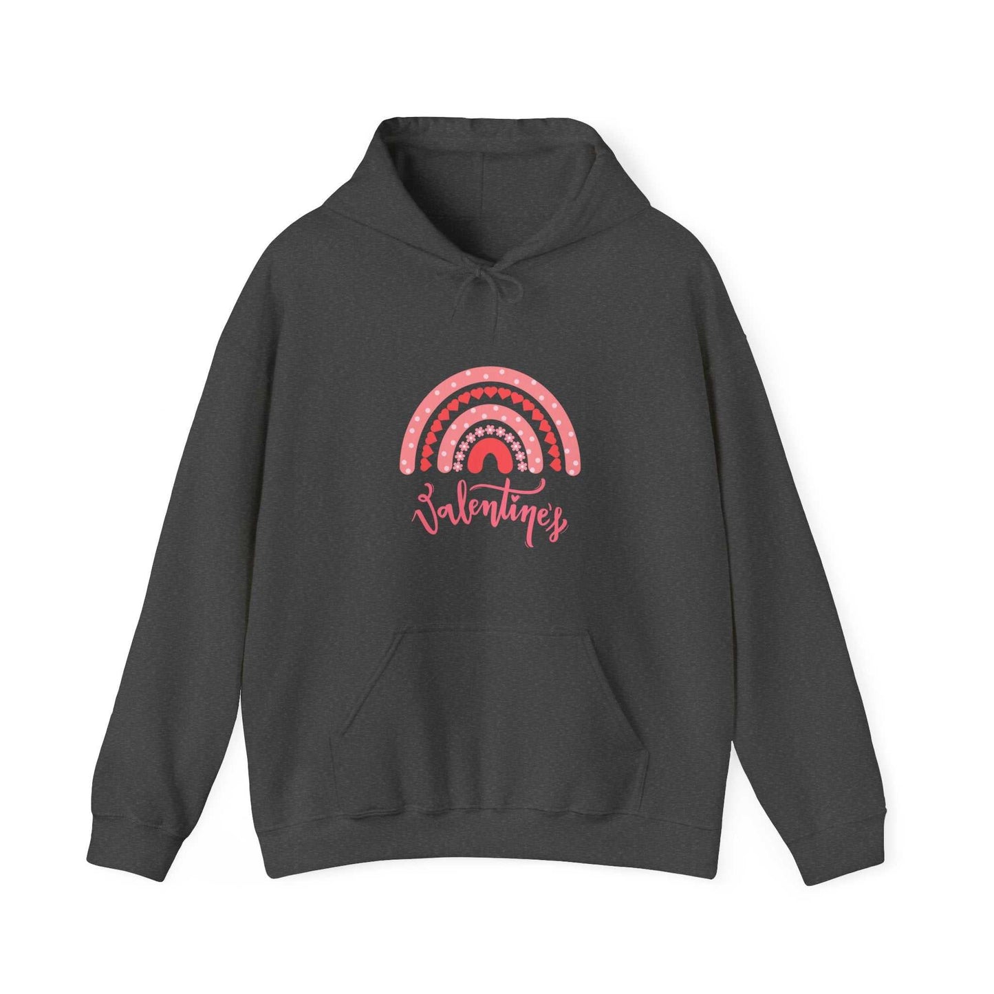 Valentine's Day hoodie with rainbow design, cozy kangaroo pocket, and drawstring hood.