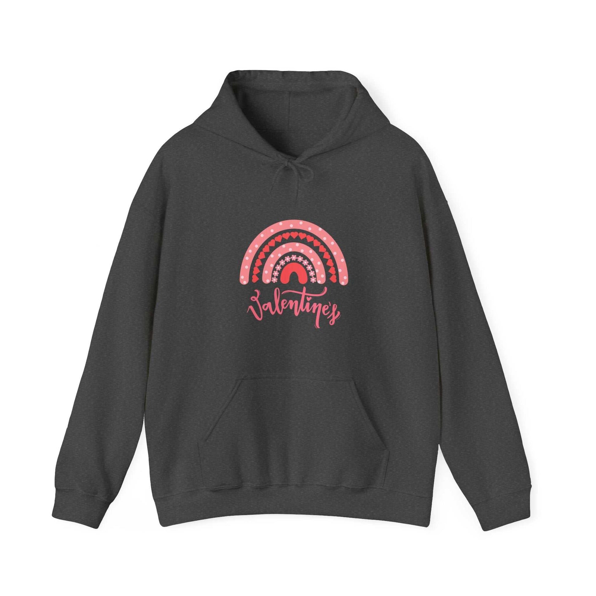 Valentine's Day hoodie with rainbow design, cozy kangaroo pocket, and drawstring hood.