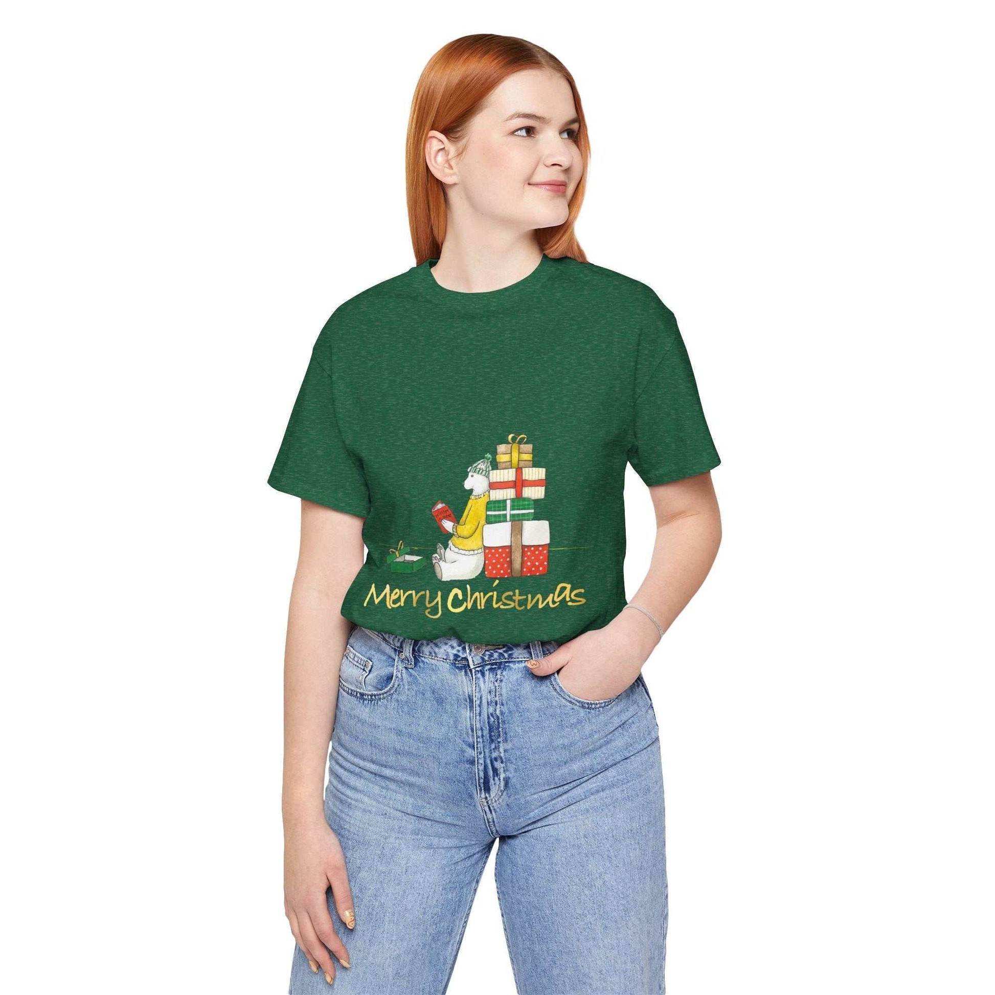 Funny colorful Christmas gift bear T-shirt for women, perfect holiday gift.
