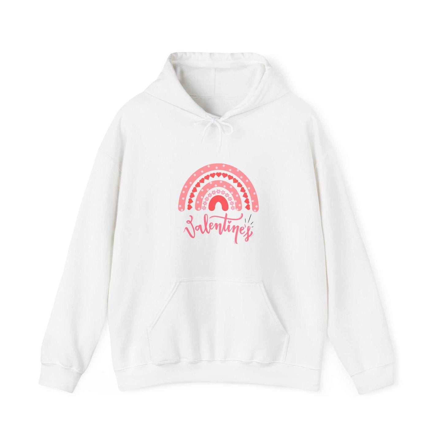 Valentine's Day hoodie with rainbow design and spacious kangaroo pocket.