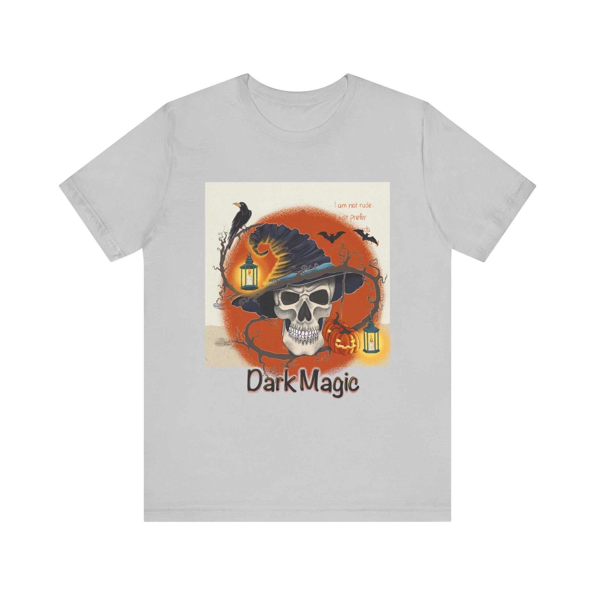 Unisex jersey short sleeve tee with dark magic skull design.