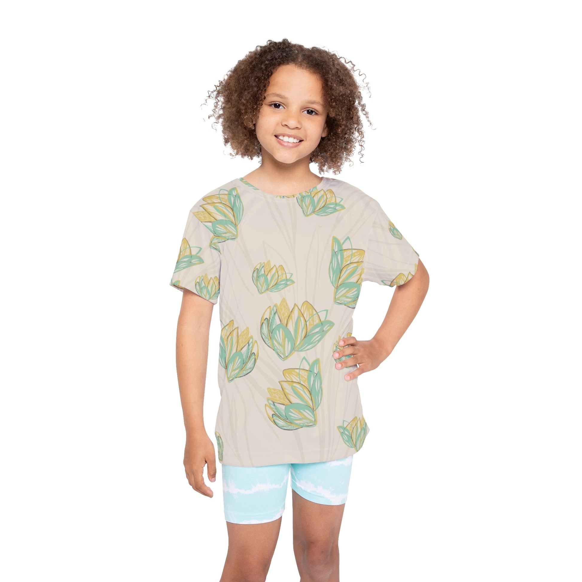 Kids Sports Jersey AOP MODEL B-P-21 with playful floral design on child