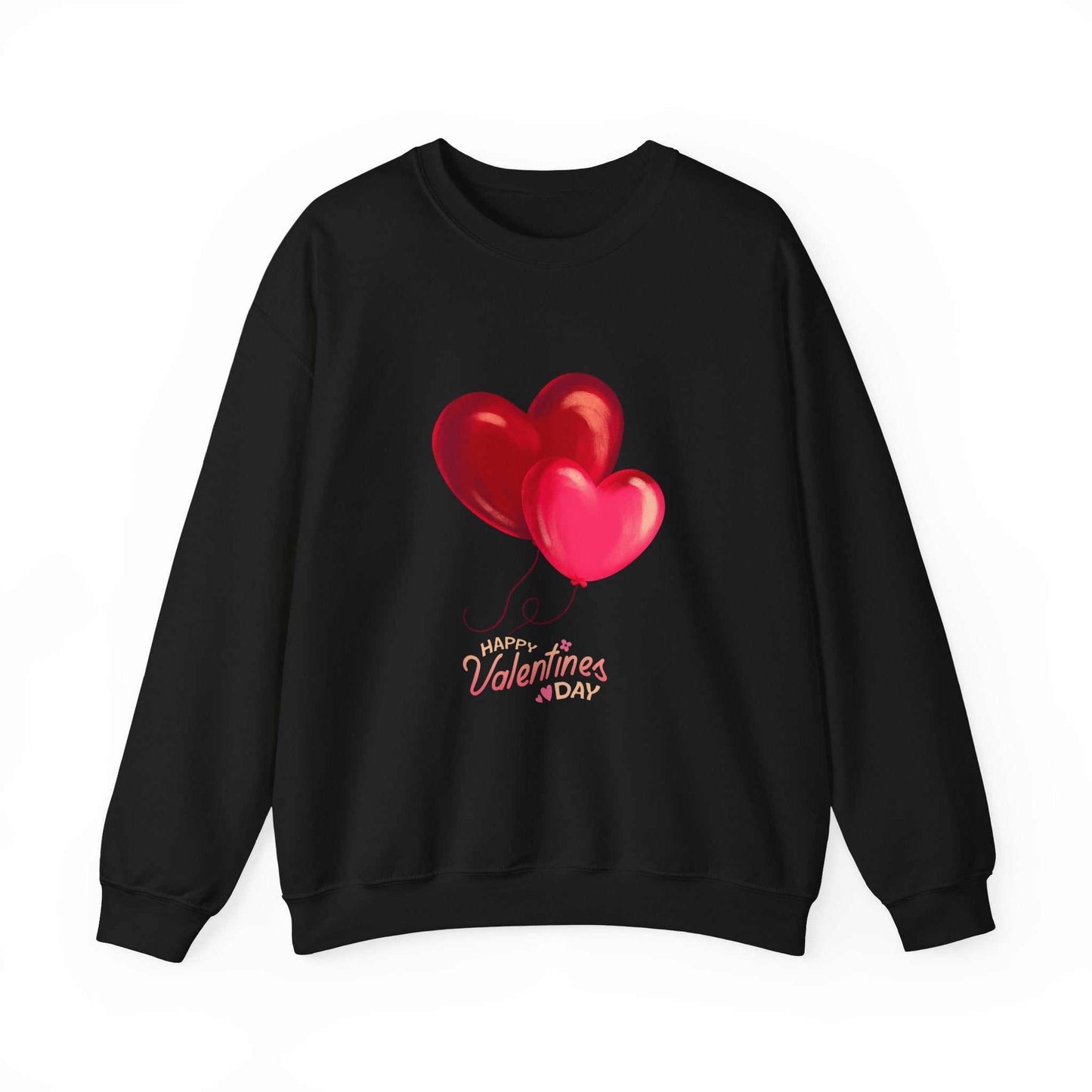 Valentines day sweatshirt with heart balloons design on black fabric.