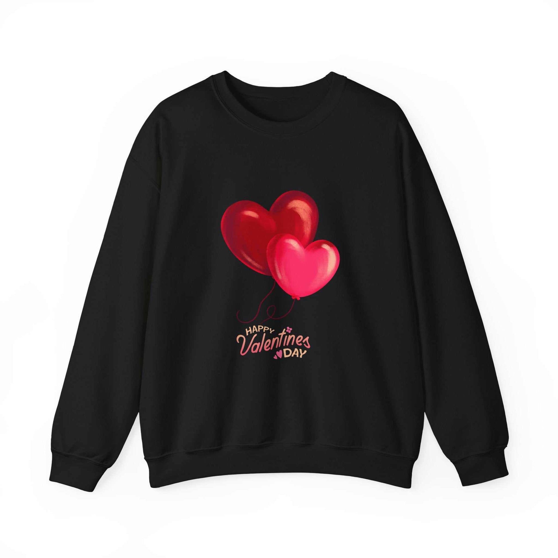 Valentines day sweatshirt with heart balloons design on black fabric.