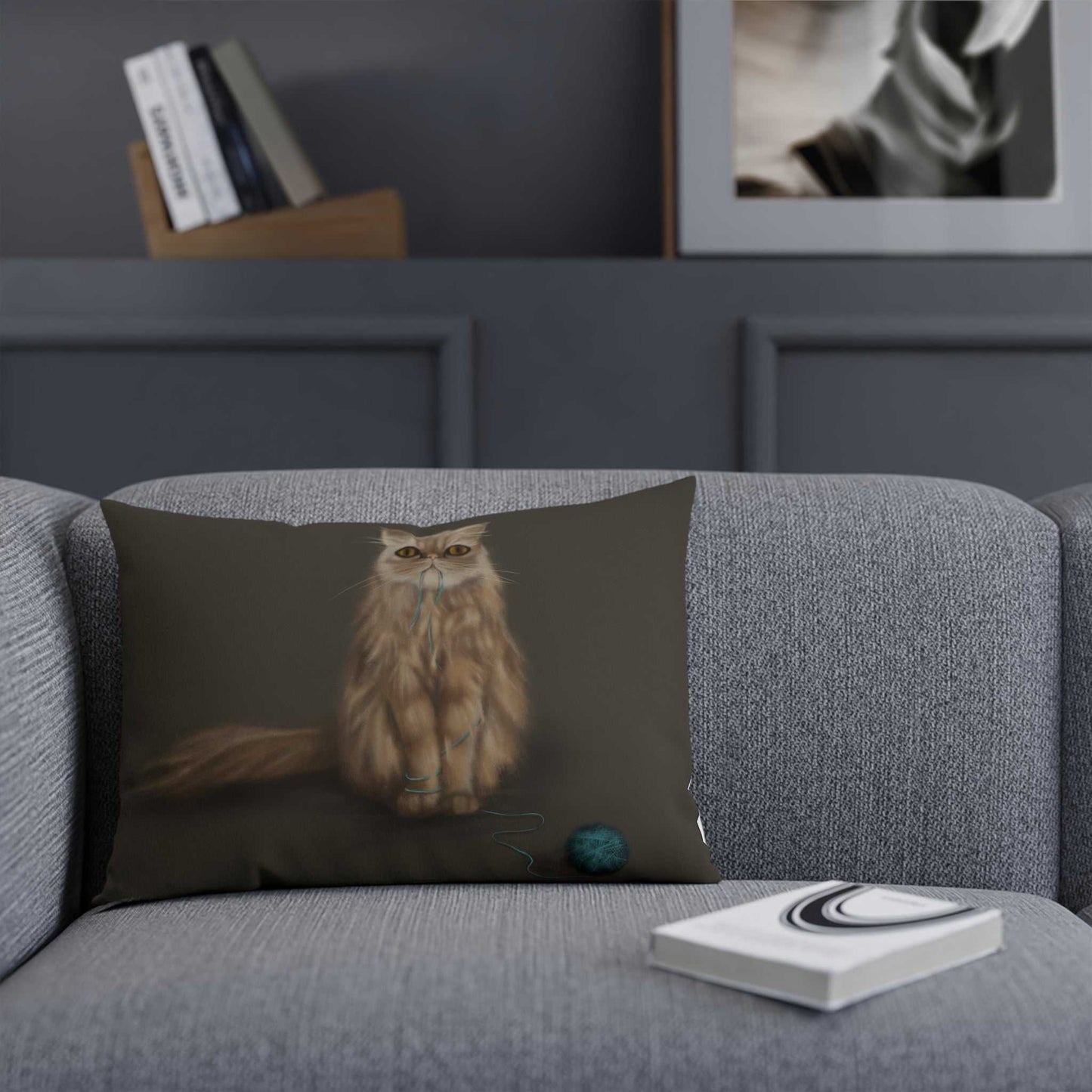 Cushion "SHUGA" with double-sided print and polyester filling on gray sofa.