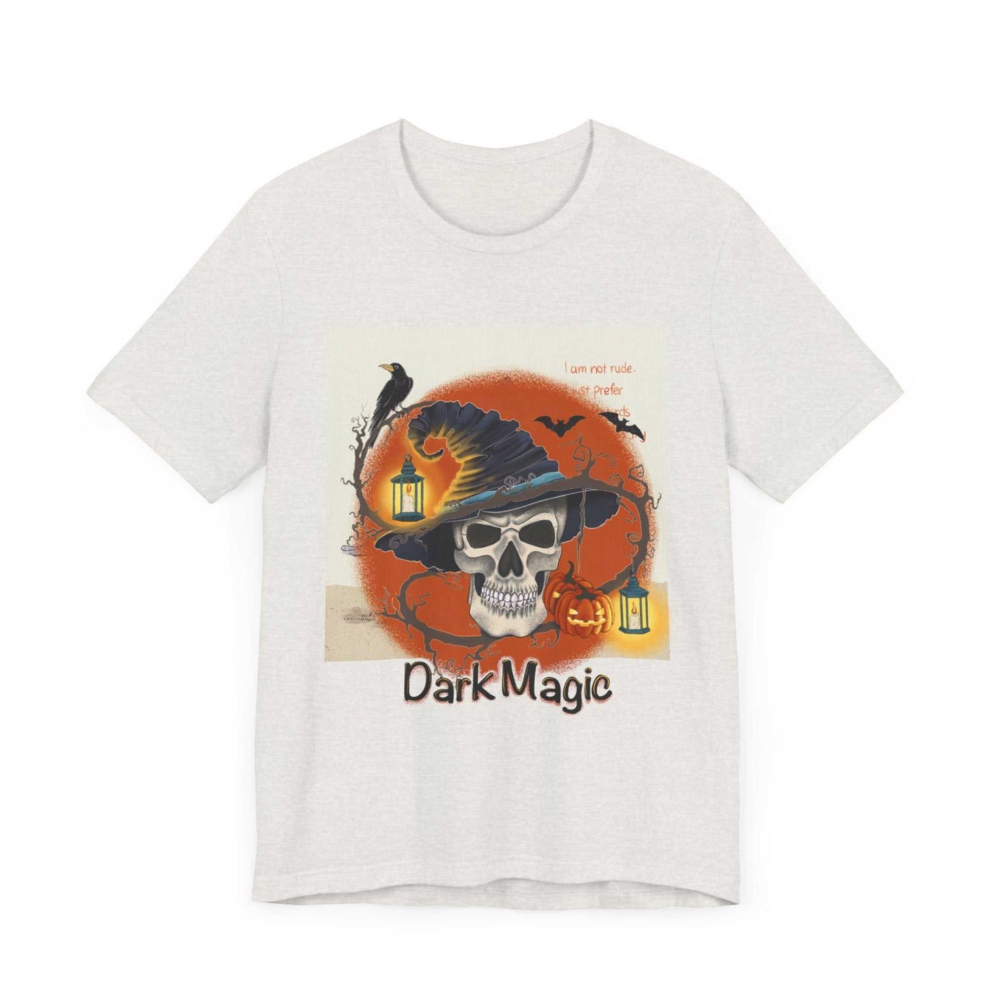 Unisex Jersey Short Sleeve Tee Model D-4 with skull and "Dark Magic" design.