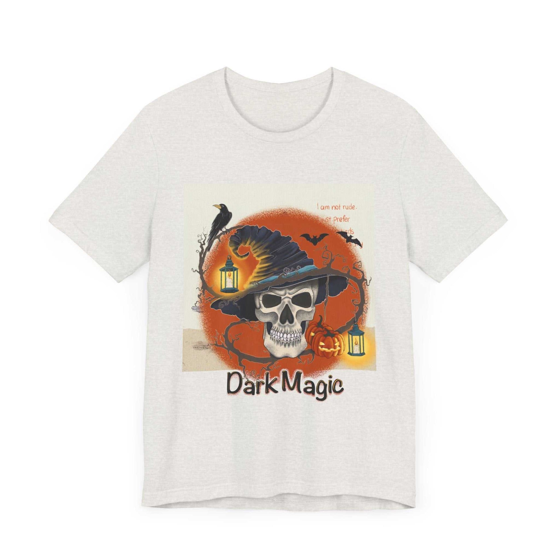 Unisex Jersey Short Sleeve Tee Model D-4 with skull and "Dark Magic" design.