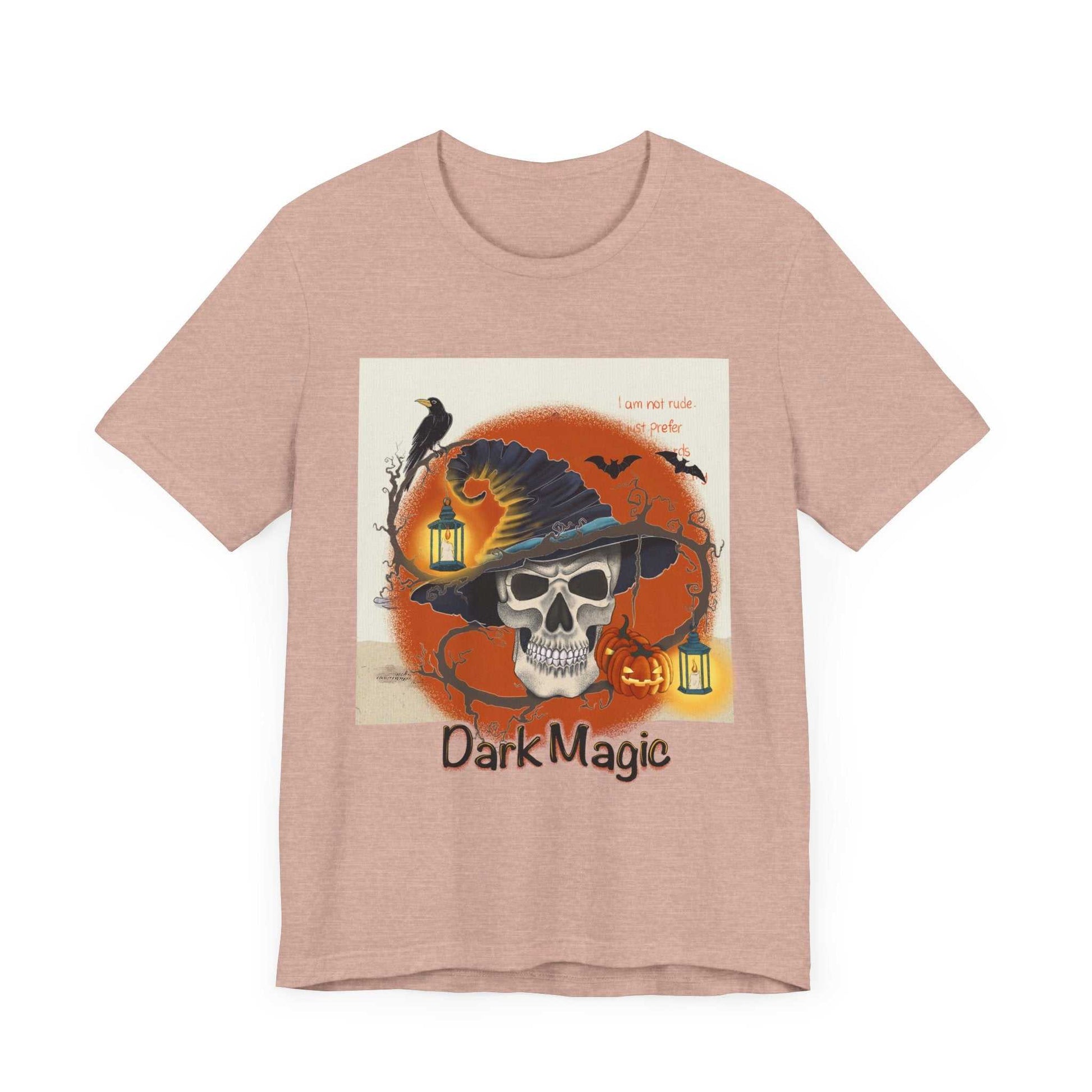 Unisex jersey short sleeve tee Model D-4 with Halloween graphic design featuring a skull and dark magic theme.