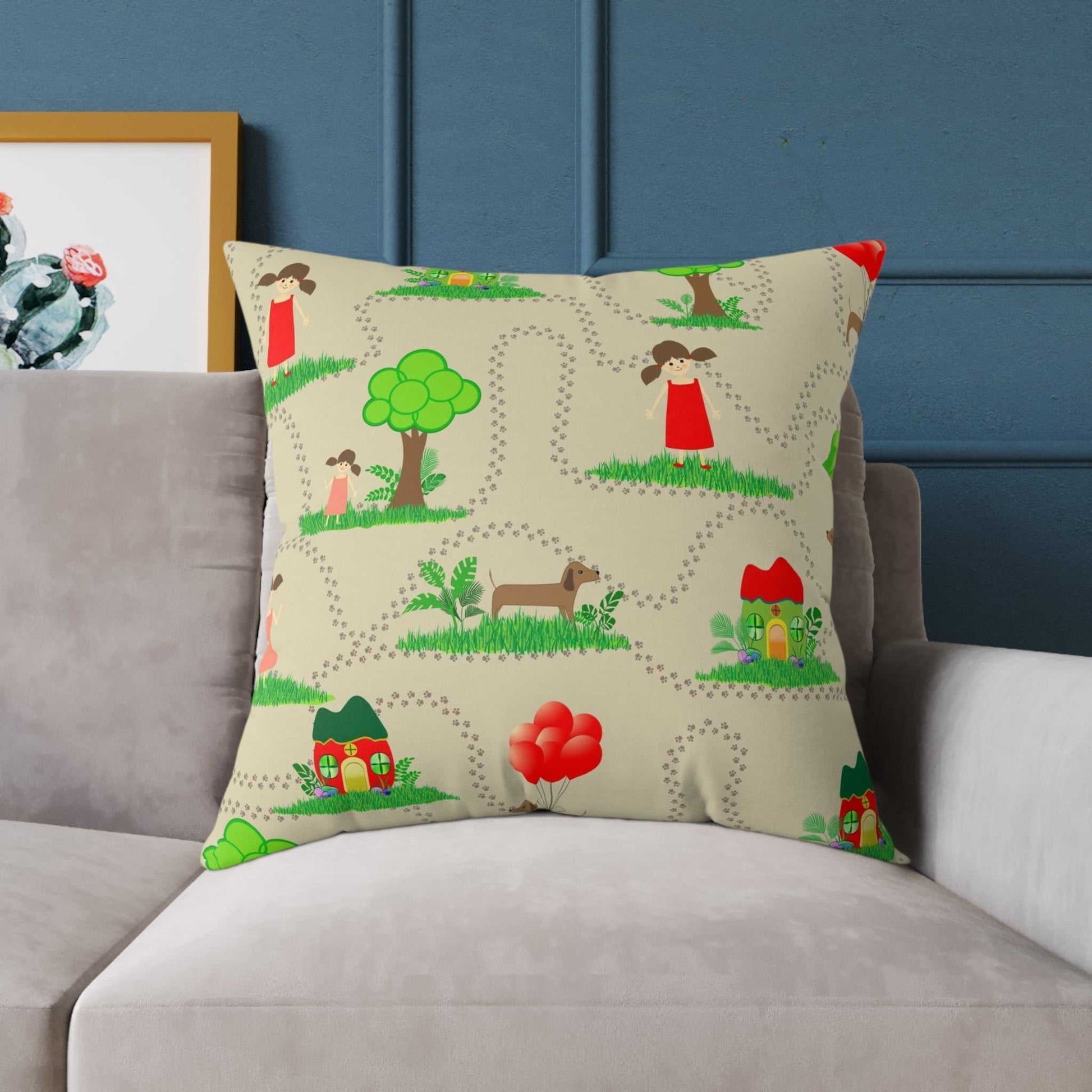 Spun polyester pillow with colorful double-sided print and concealed zipper, designed by Bahareh Mortazavi, on a sofa.