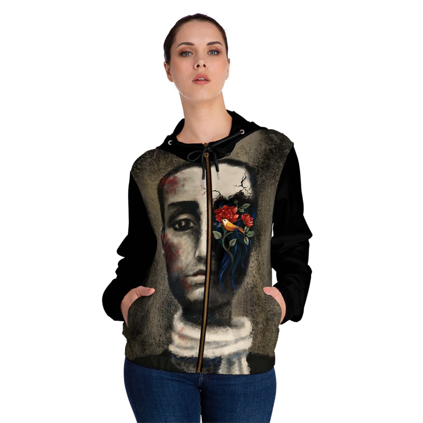 Woman wearing OMID full-zip hoodie featuring a unique graphic design by Bahareh Mortazavi, with black drawstrings and front pockets.
