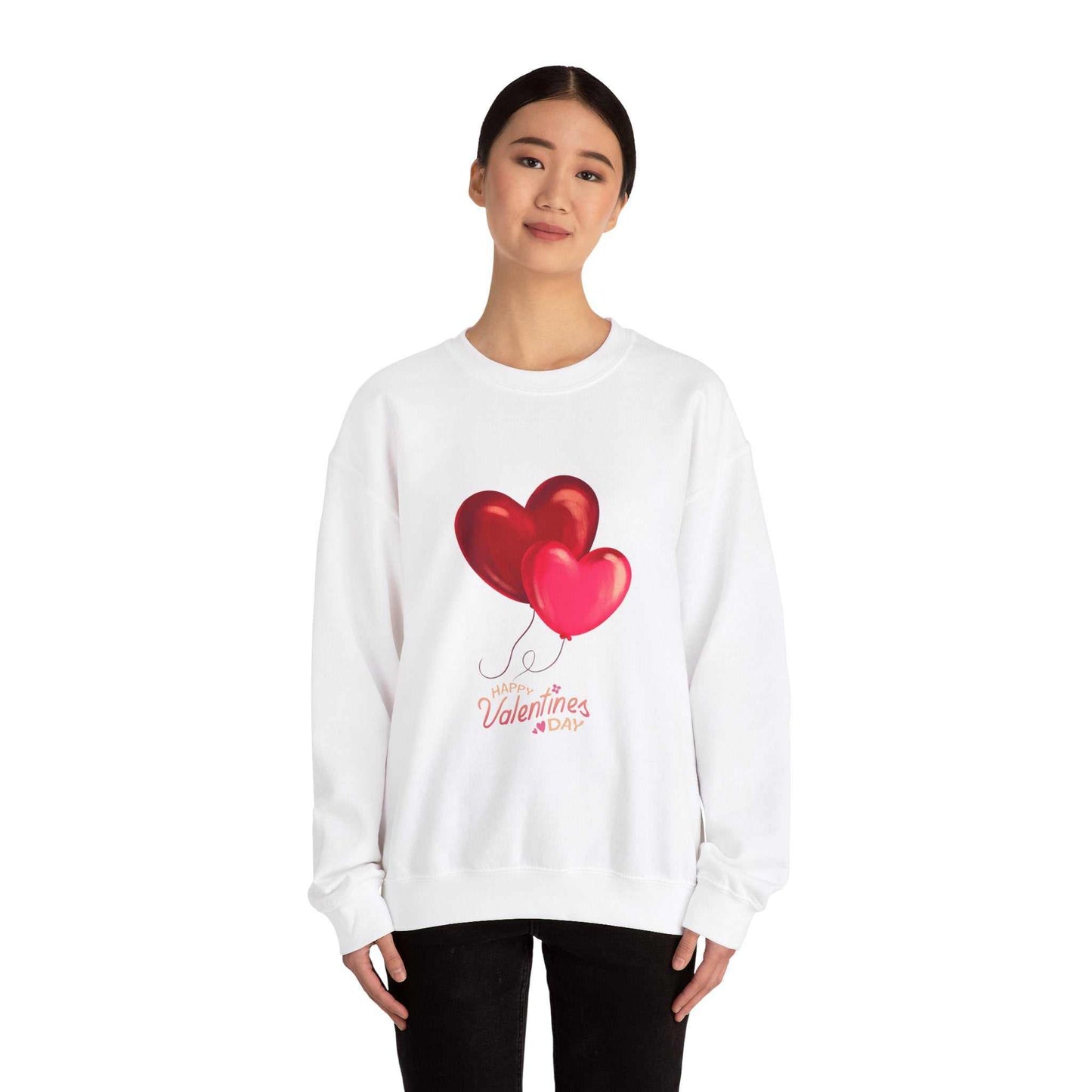 Valentine's Day sweatshirt with heart design for women, cozy cotton-poly blend.