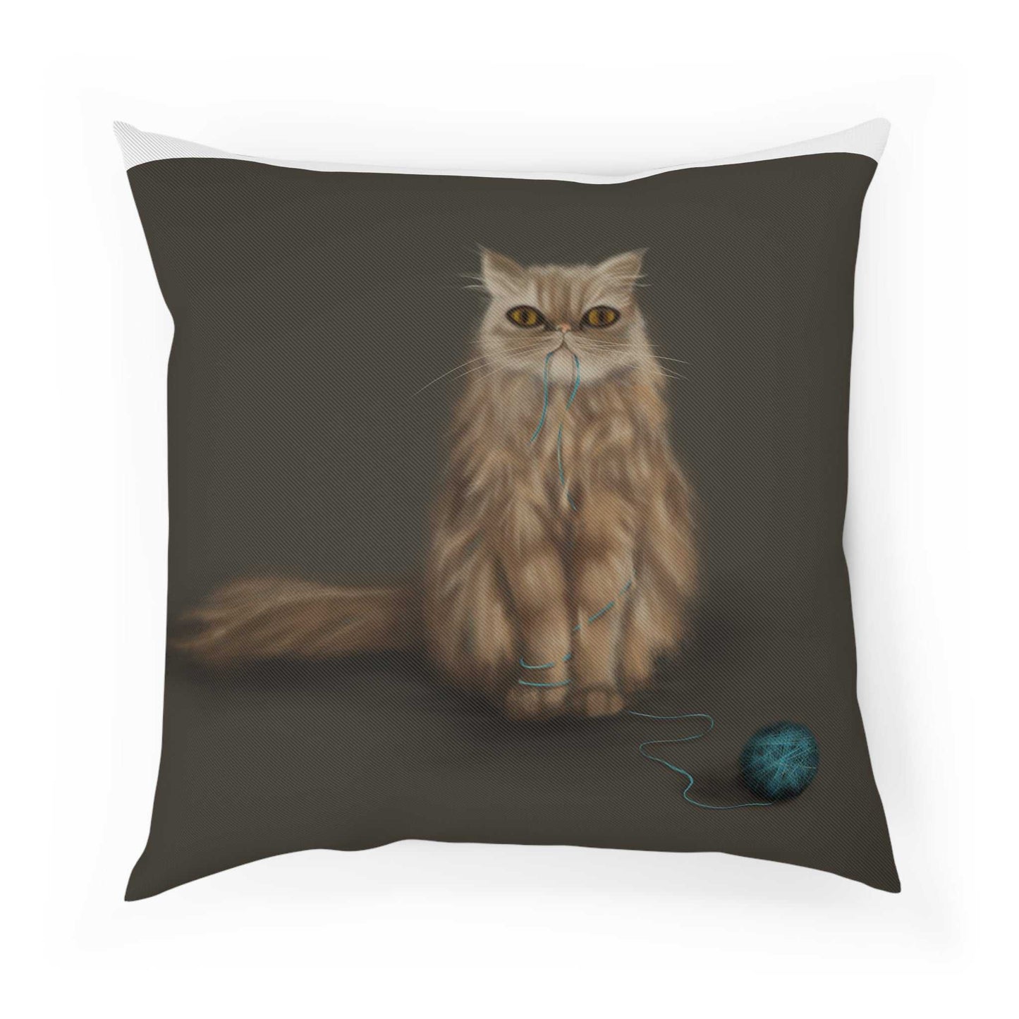 Cushion with cat design, 100% cotton cover, polyester filling, double-sided print.