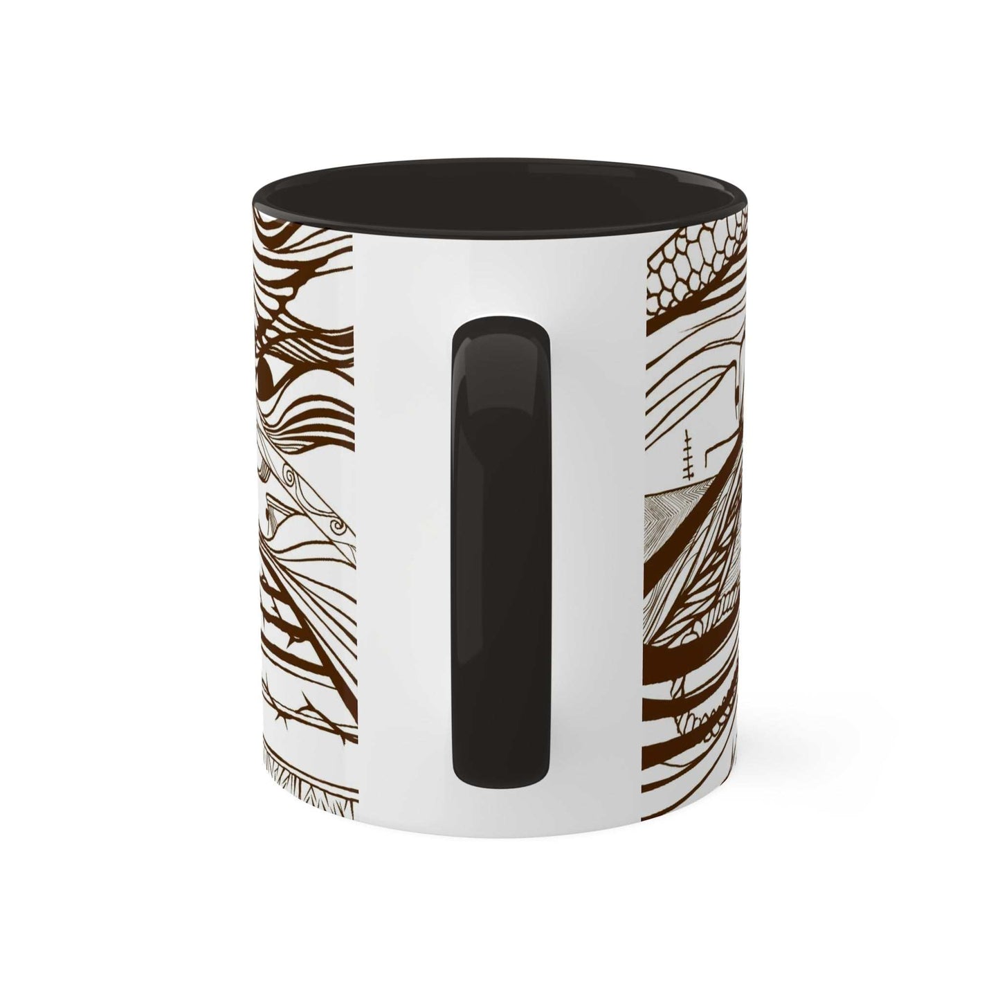 Colorful 11oz ceramic mug with calligraphy design, glossy finish, and black handle.