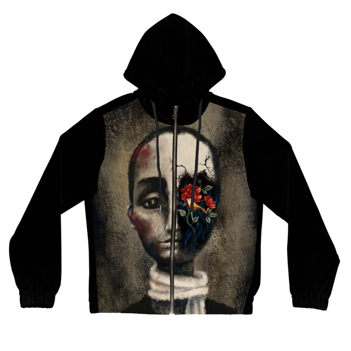 Women full-zip hoodie with an artistic AOP design by Bahareh Mortazavi, featuring side pockets and drawstrings.
