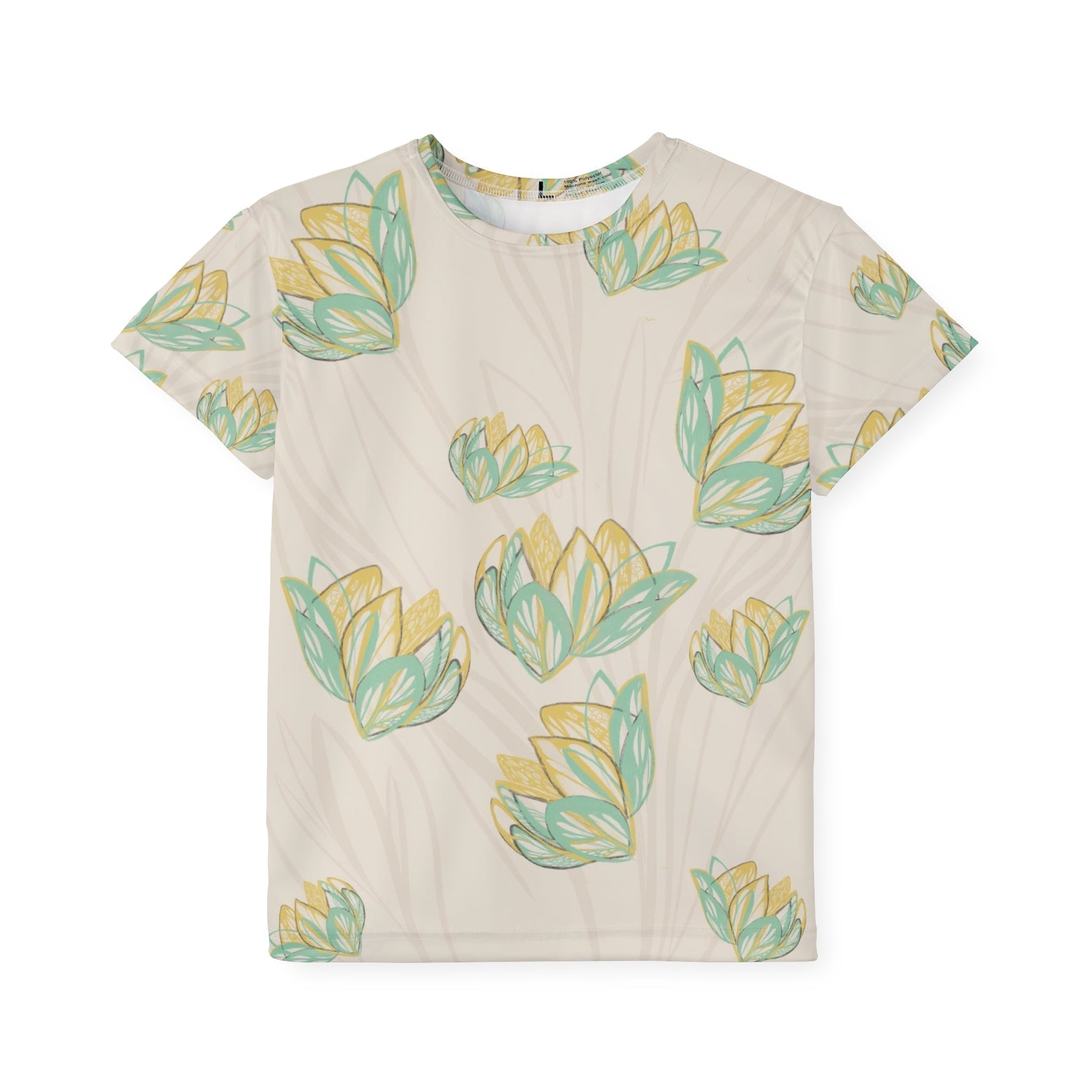Kids sports jersey AOP MODEL B-P-21 with floral all-over print, moisture-wicking polyester for comfort.
