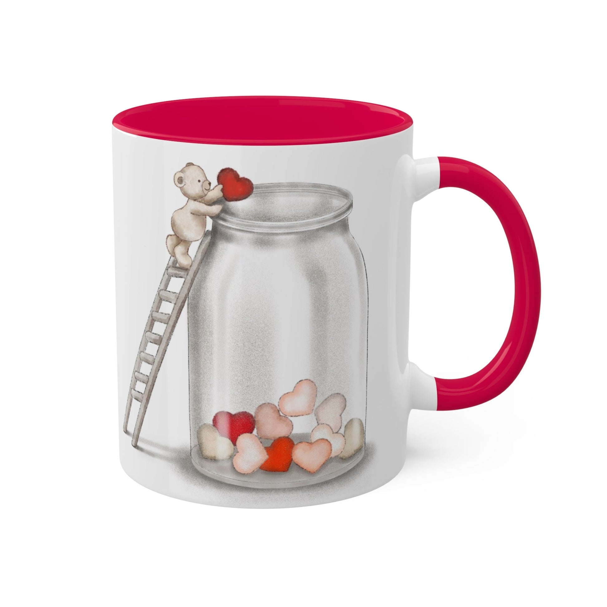 Love Mug MODEL B-V-11 with romantic heart design, red interior, and C-shaped handle.