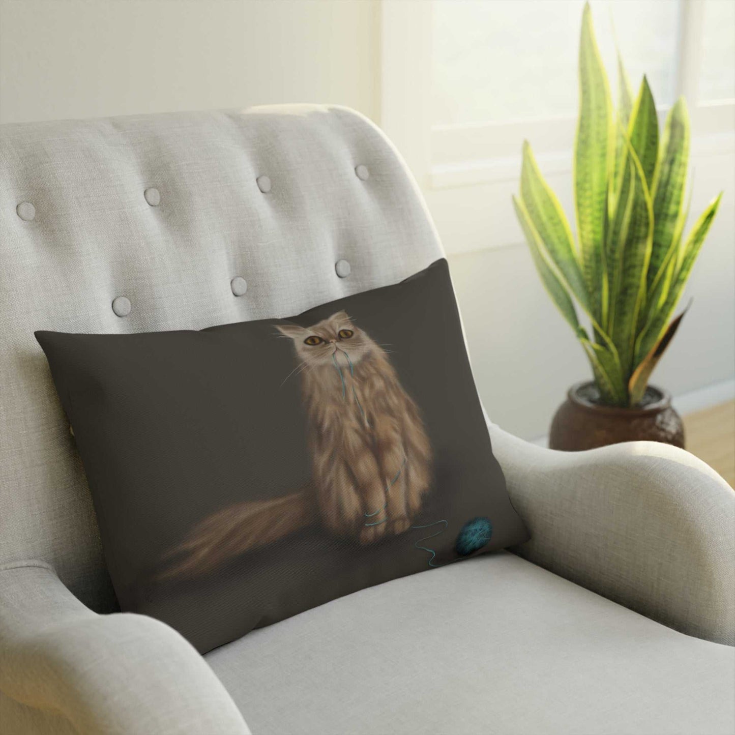 Cushion "SHUGA" with cat design on chair, 100% cotton drill cover, polyester filling, double-sided print.