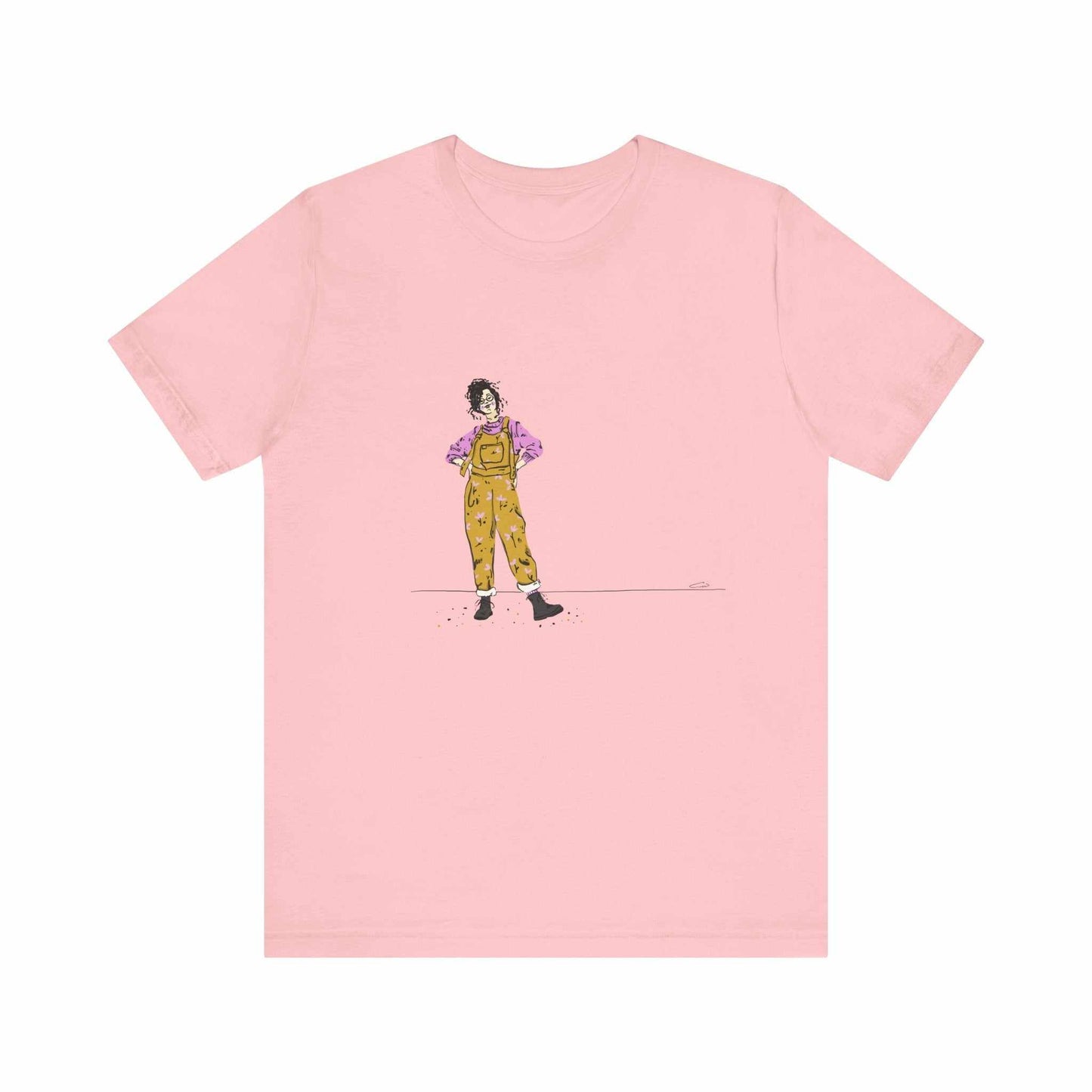 Unisex Jersey Short Sleeve Tee Model D-5 with graphic design on pink fabric.