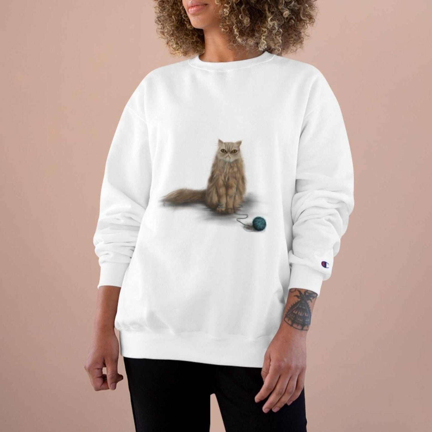 Champion Sweatshirt "SHUGA" featuring a cat design by Bahareh Mortazavi, eco-friendly cotton/polyester blend with "C" logo on sleeve.