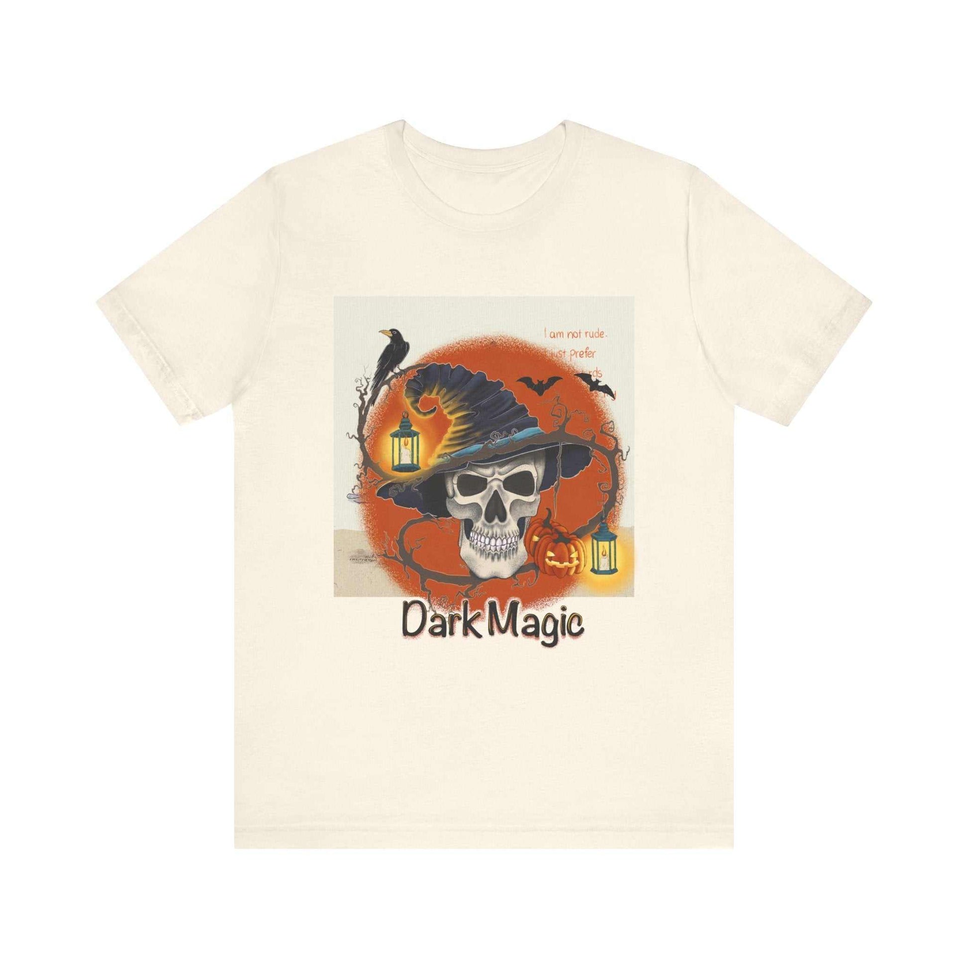 Unisex Jersey Short Sleeve Tee Model D-4 with Dark Magic design featuring skull and lanterns.