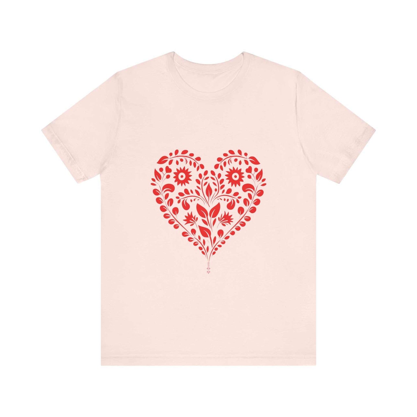 Valentine's Day shirt with red heart design on light-colored fabric.