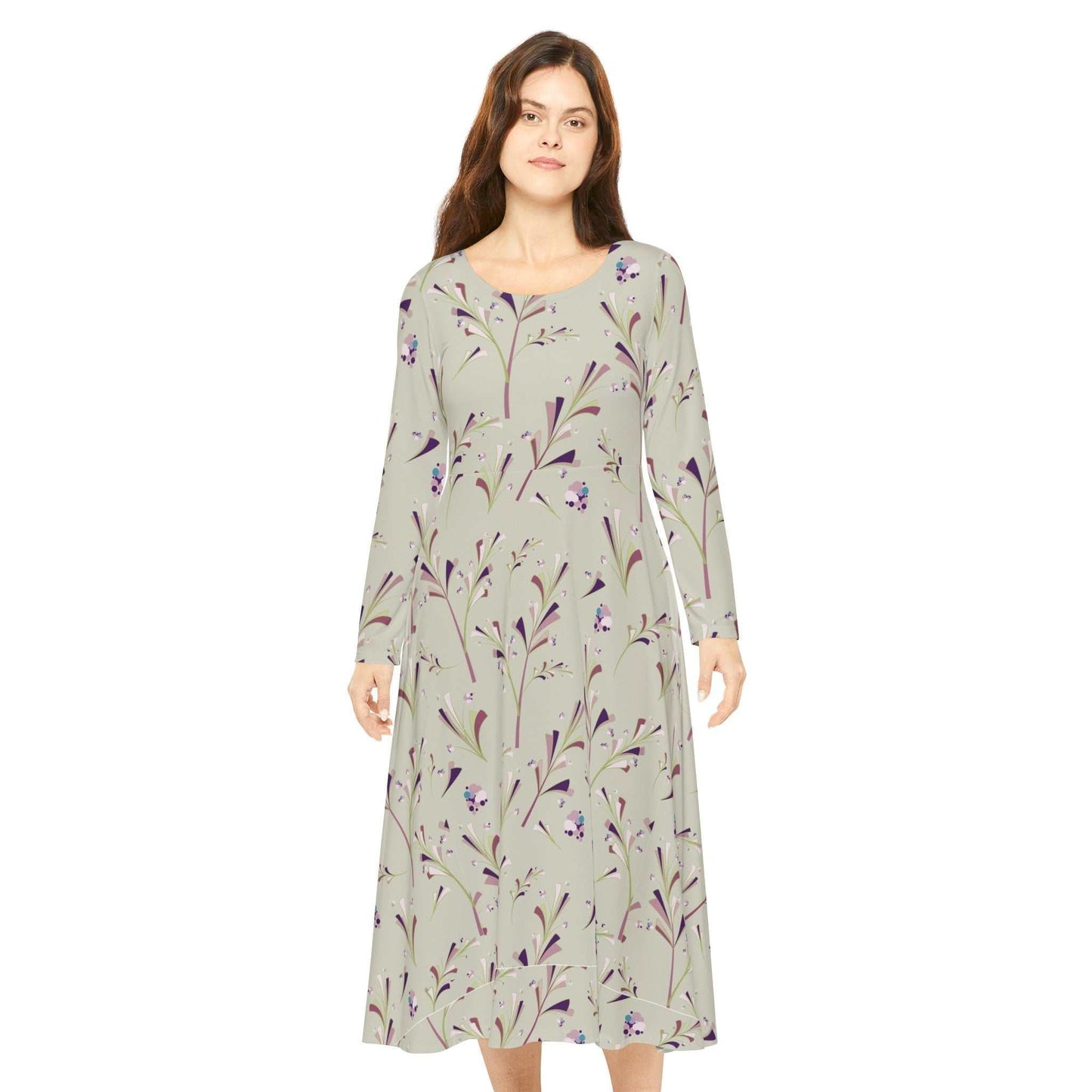 Women's long sleeve dance dress with floral AOP design in soft polyester fabric, model B-P-17.