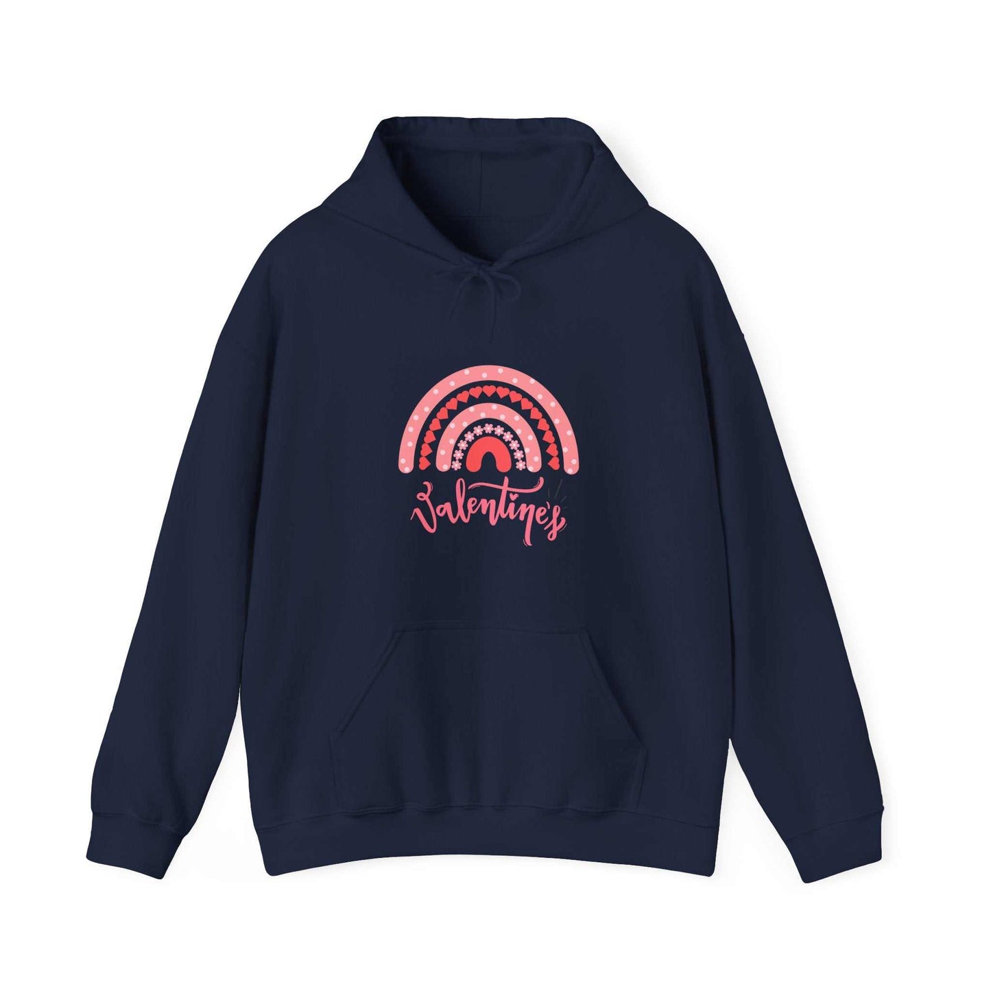 Valentines Day hoodie featuring a pink design, spacious pocket, and adjustable hood.