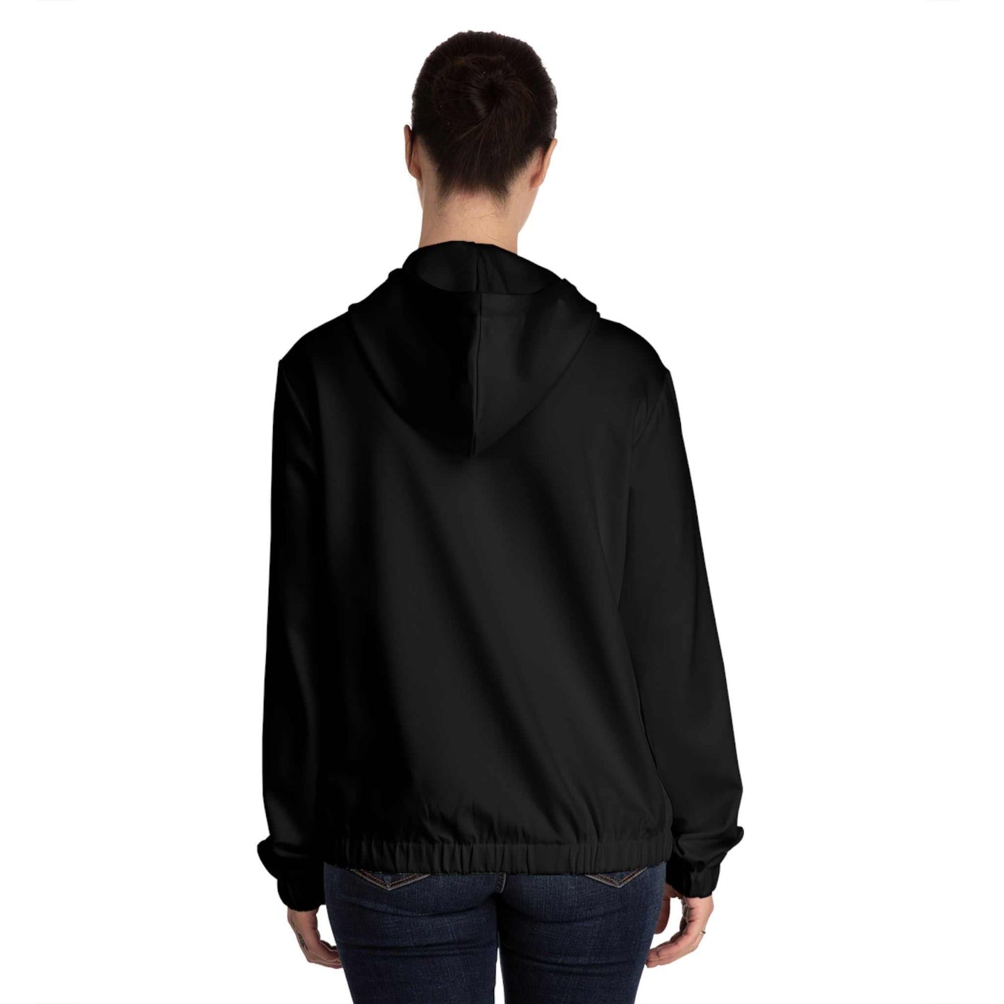 Women full-zip hoodie with pockets and drawstring hood, back view in black.