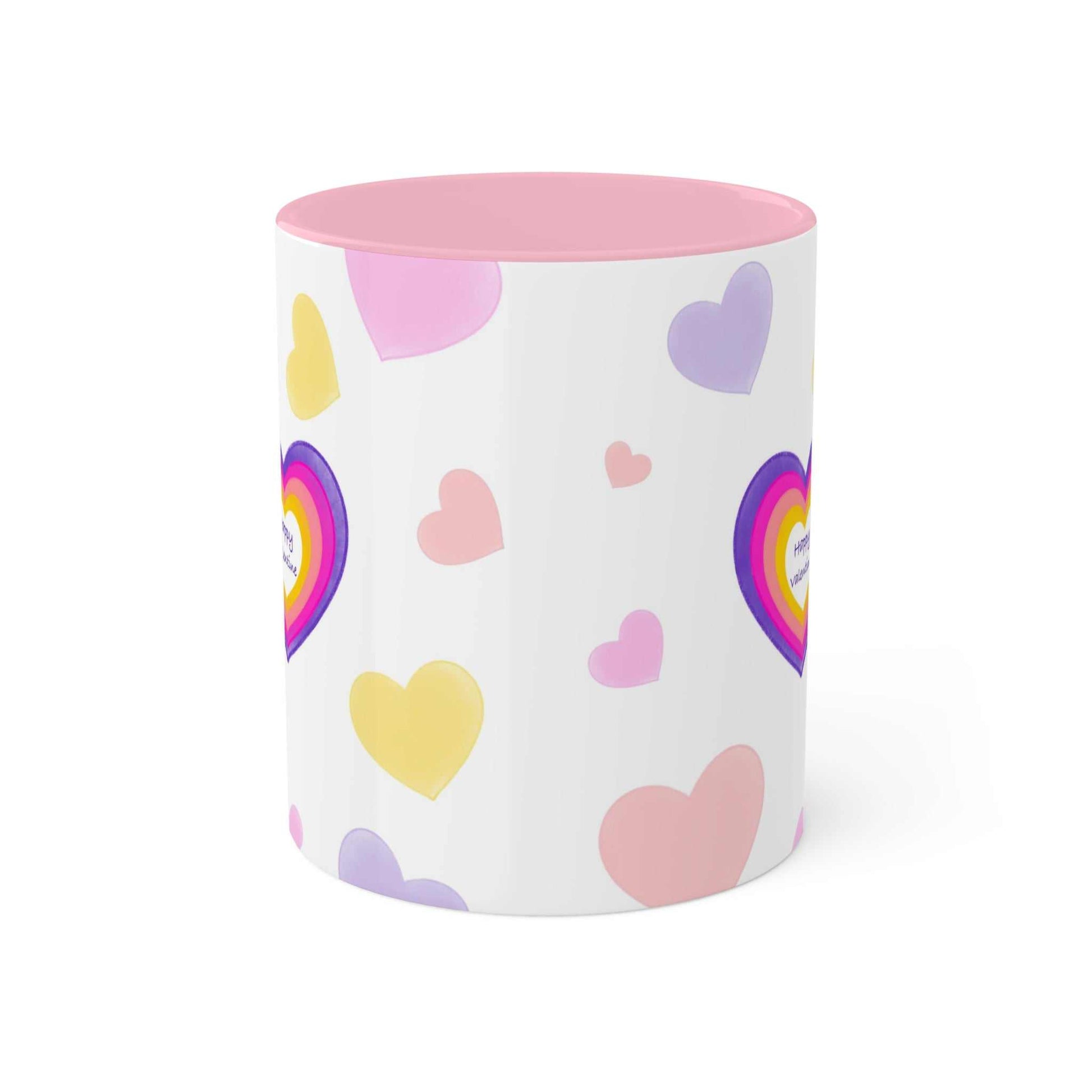 Love Mug MODEL B-V-10 with colorful heart design on white background, pink interior.