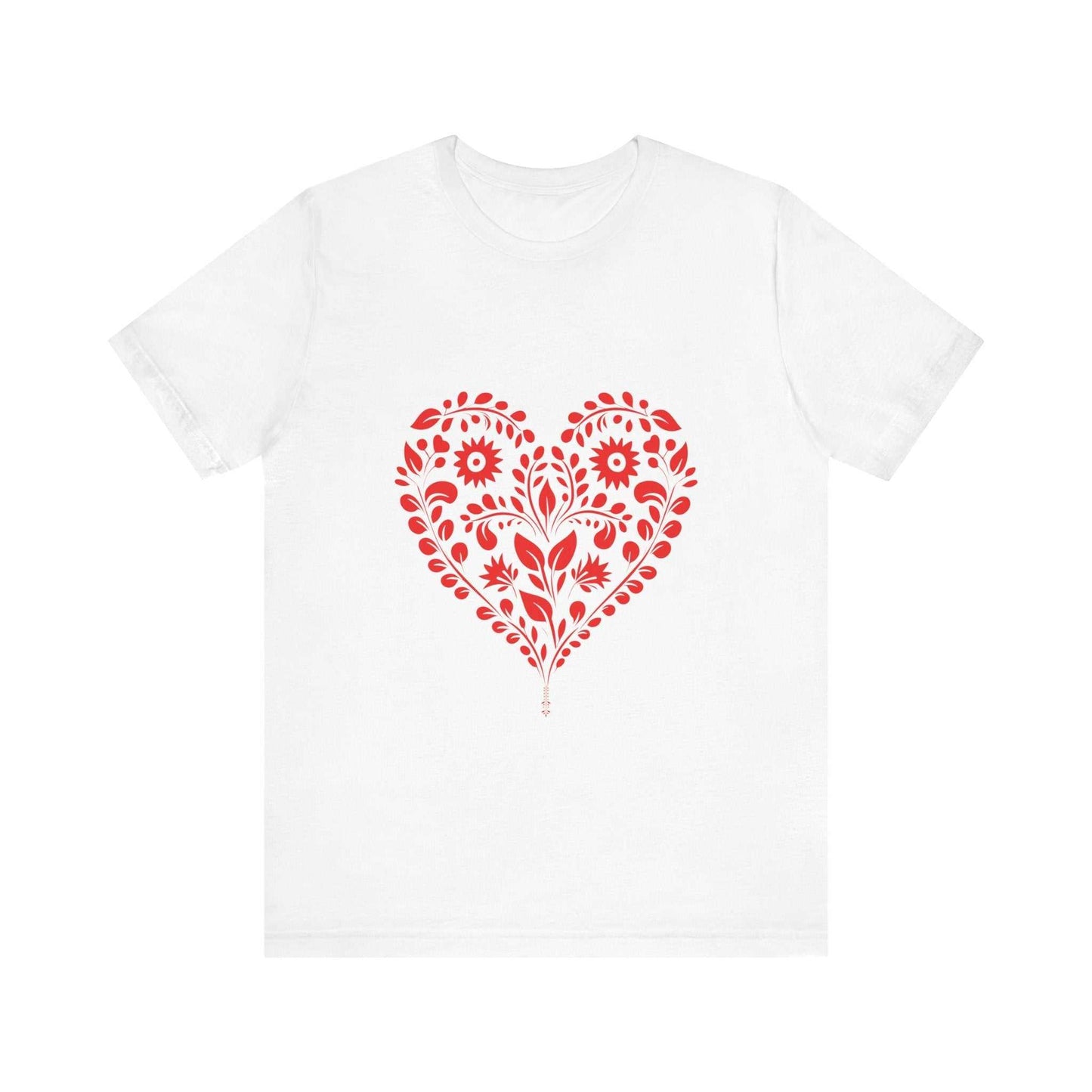 Valentine's Day T-shirt with red heart design on white fabric.