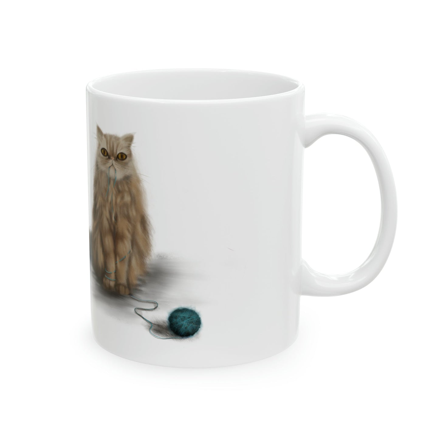 Ceramic Mug 11oz "SHUGA" with cat and yarn design, durable, microwave and dishwasher-safe.