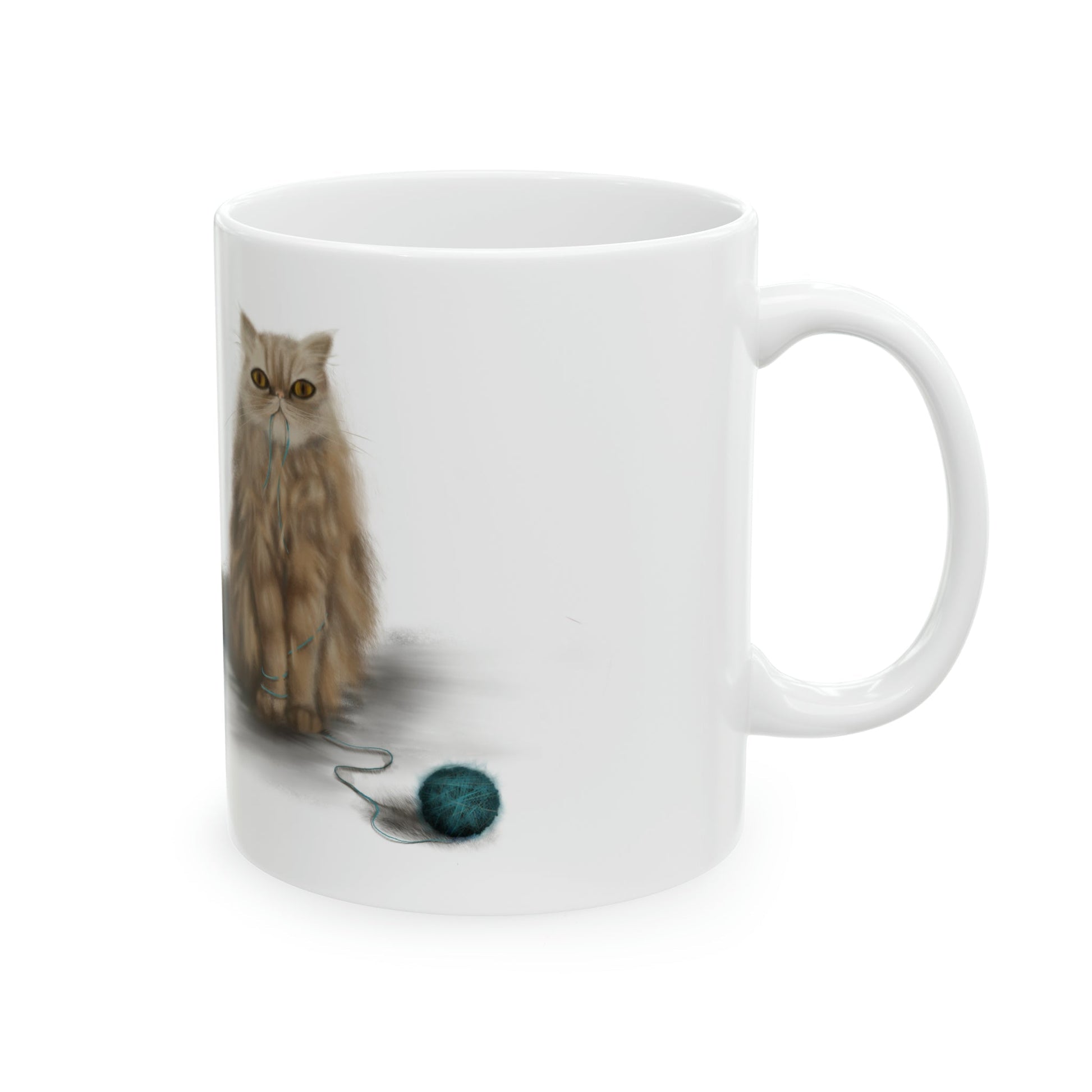 Ceramic Mug 11oz "SHUGA" with cat and yarn design, durable, microwave and dishwasher-safe.