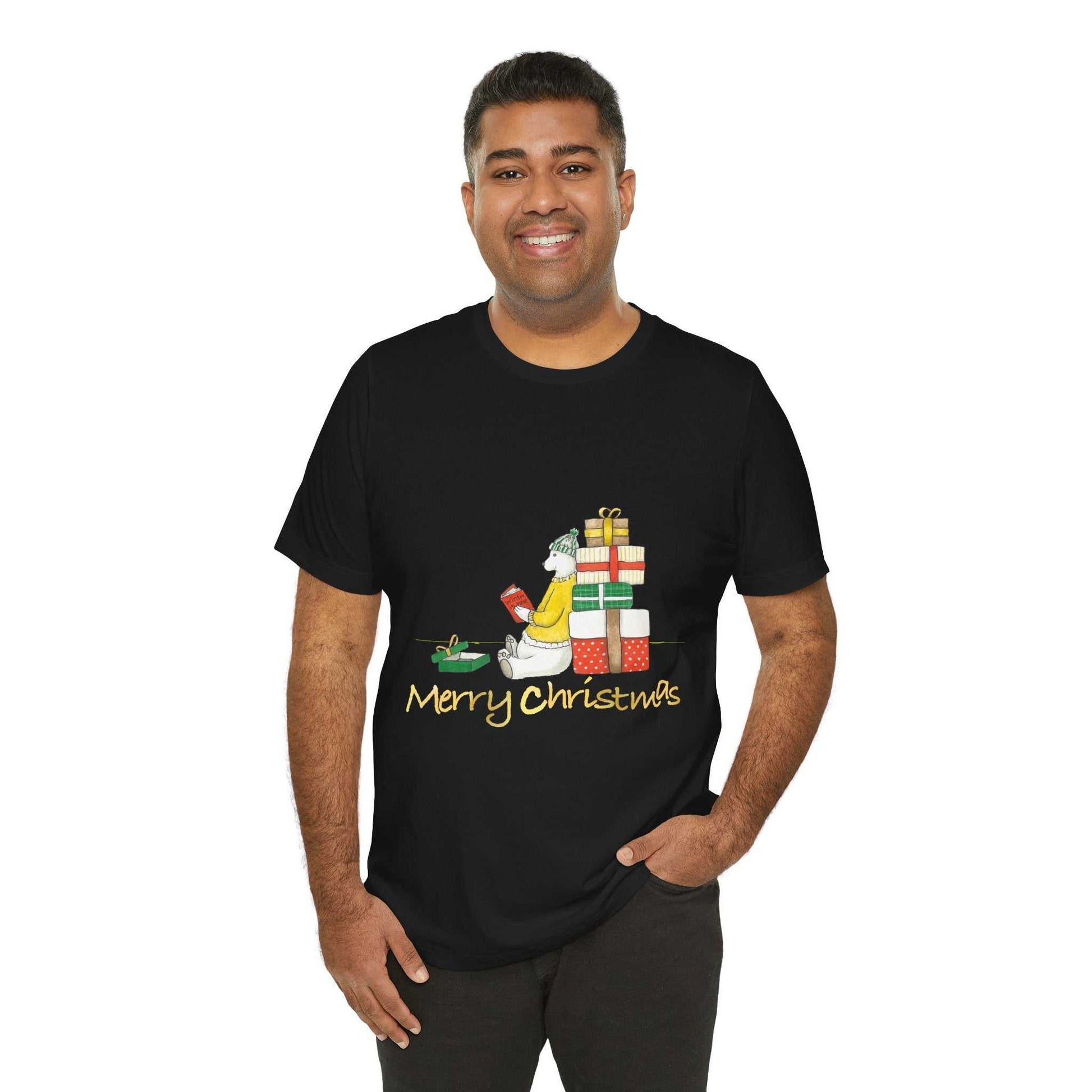 Christmas gift bear shirt with cute bear and presents design, ideal holiday t-shirt for men and women.