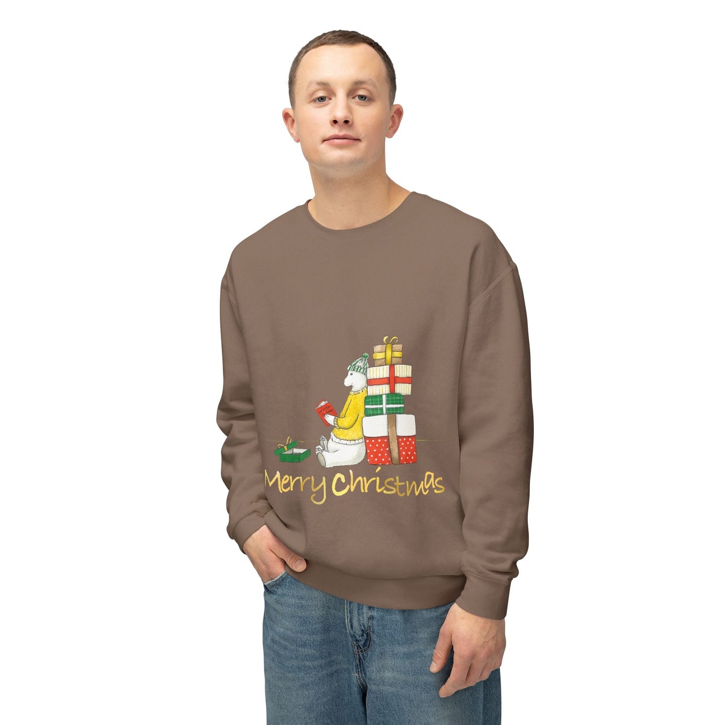 Christmas Crewneck Sweatshirt - Unisex Lightweight with festive design and "Merry Christmas" text.