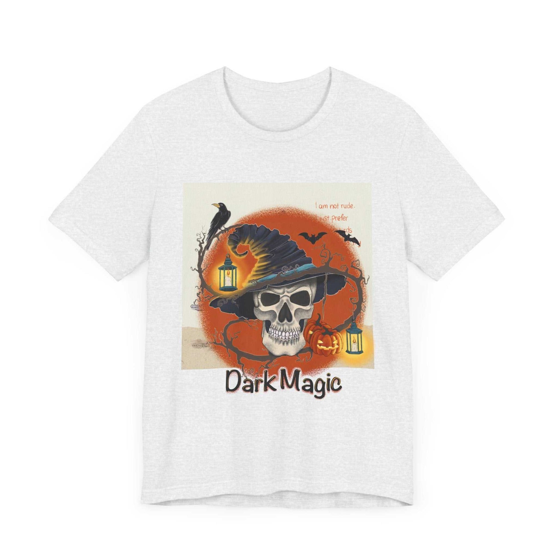 Unisex Jersey Short Sleeve Tee with Dark Magic design, featuring a skull and Halloween theme.