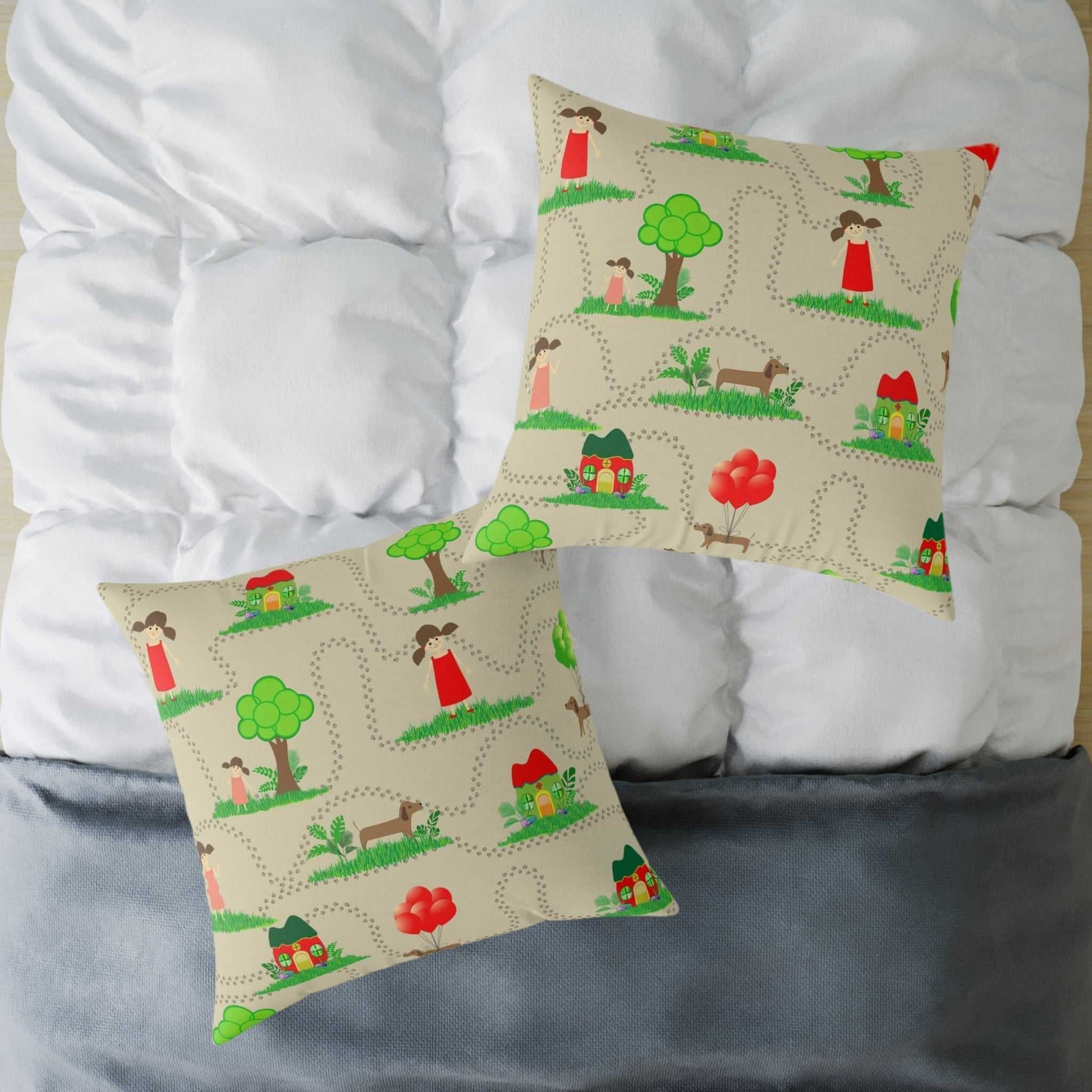 Spun polyester pillow with custom art and concealed zipper.