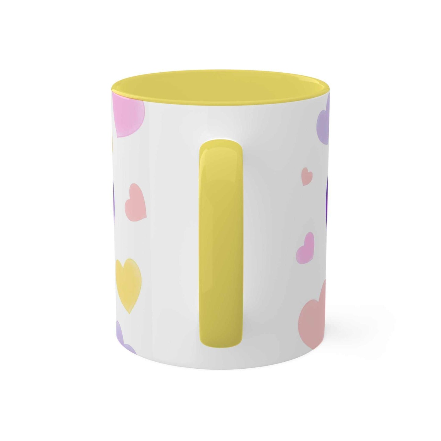 Colorful heart-themed Love Mug MODEL B-V-10 with a yellow interior and handle.