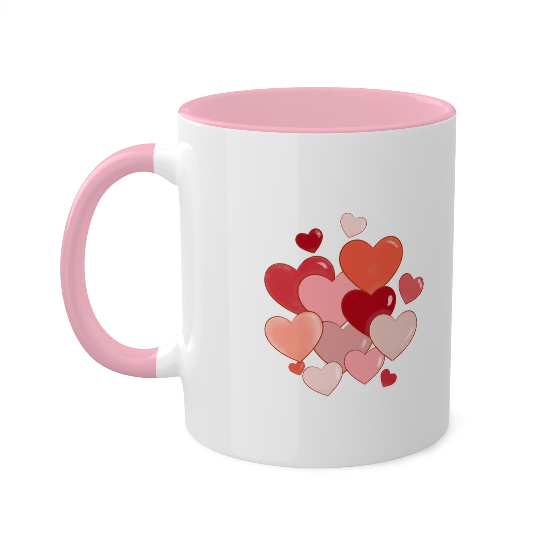 Love Mug MODEL B-V-4 with romantic heart design, pink interior, ceramic, 11-ounce capacity.