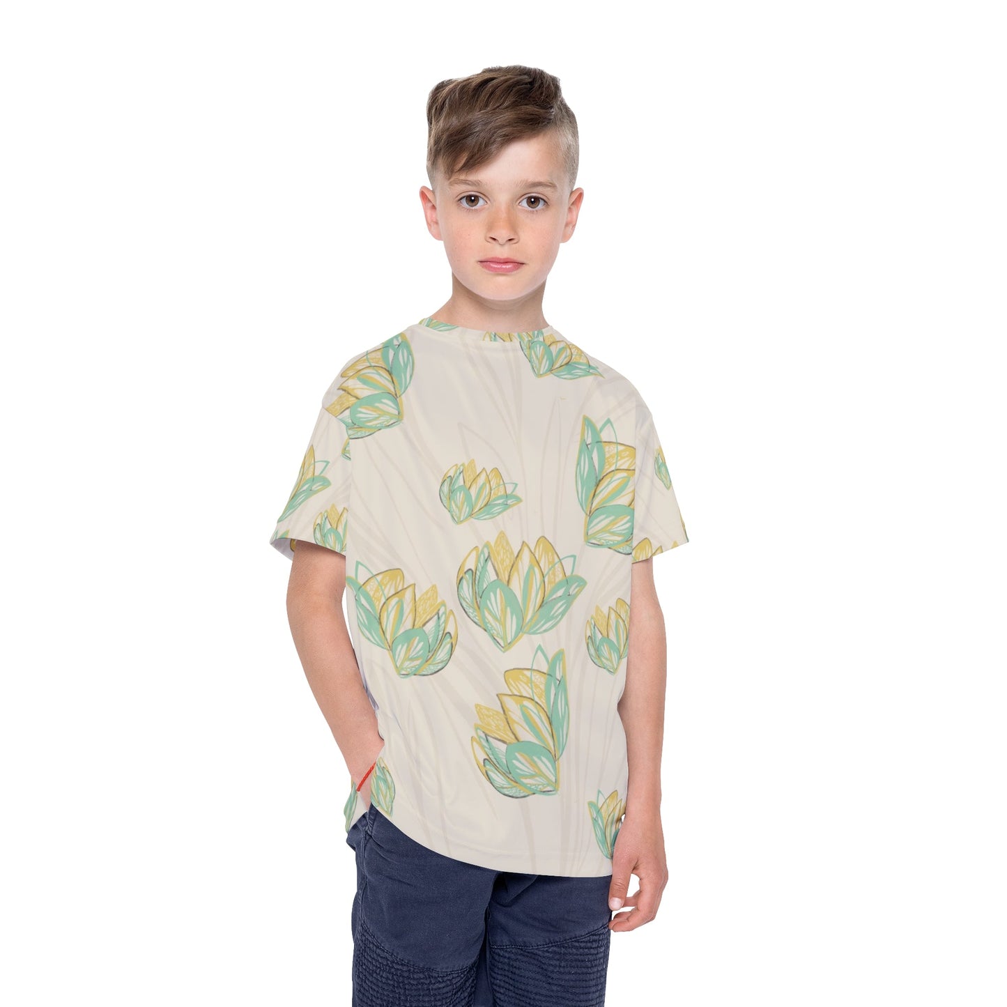 Kids sports jersey with colorful floral design, 100% polyester, AOP MODEL B-P-21.