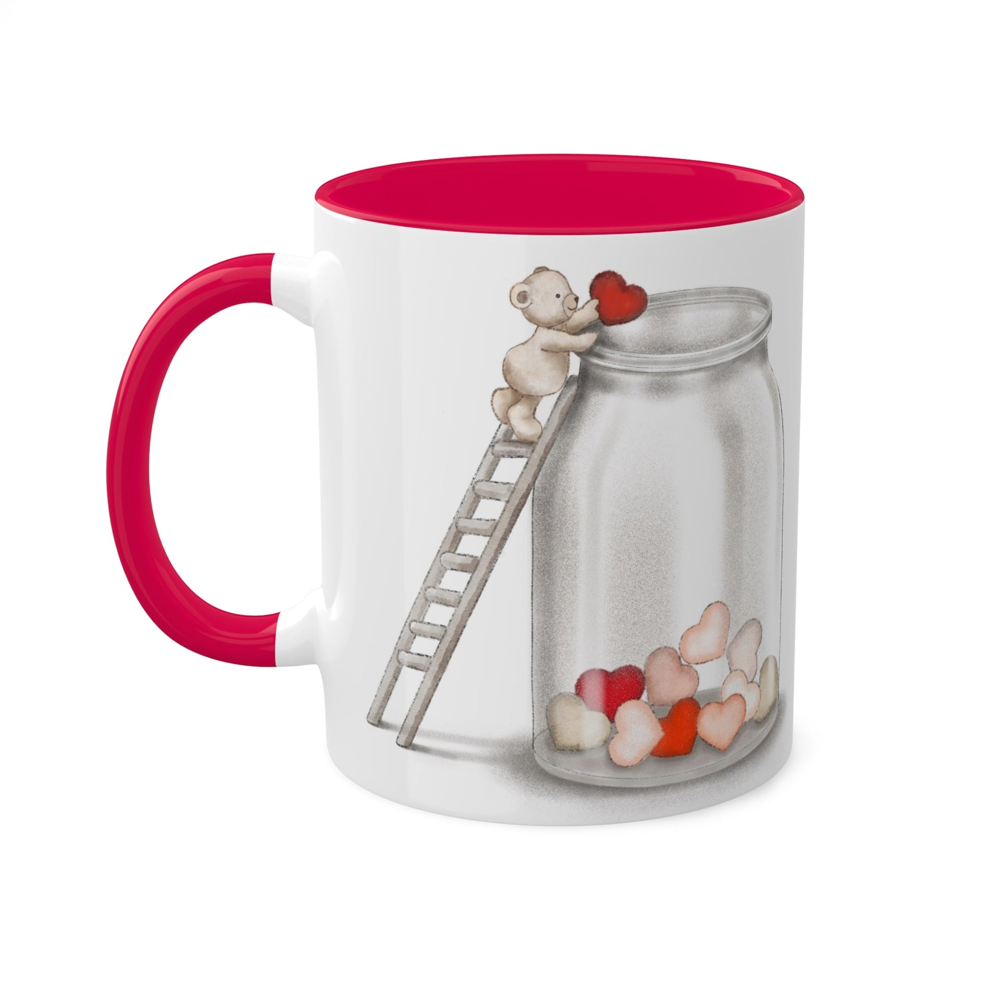 Love Mug MODEL B-V-11 with romantic teddy bear design and heart detail, high-quality ceramic, ideal Valentine’s gift.