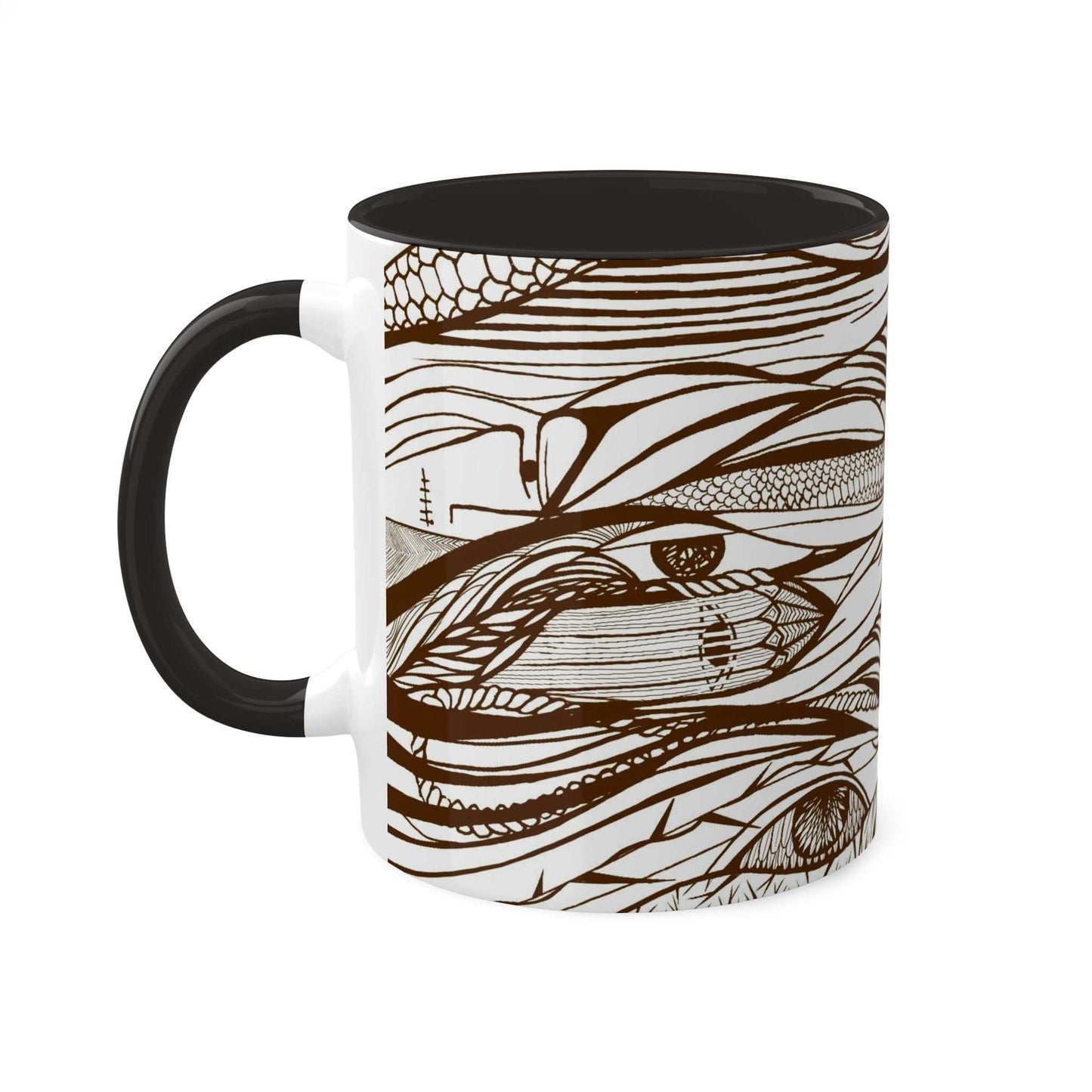 11oz glossy ceramic mug with calligraphy design, colored handle and interior.