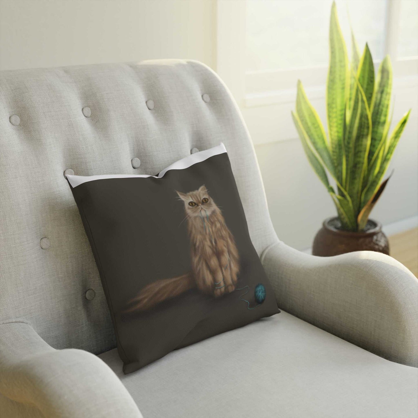 Cushion "SHUGA" on chair, featuring double-sided print, polyester filling, and 100% cotton drill cover.