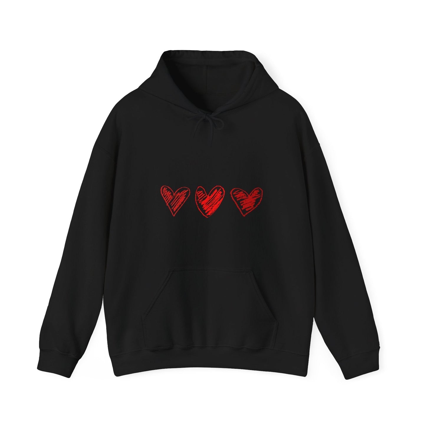 Black Valentine's Day hoodie with three red heart designs, cozy kangaroo pouch, and adjustable drawstring hood.