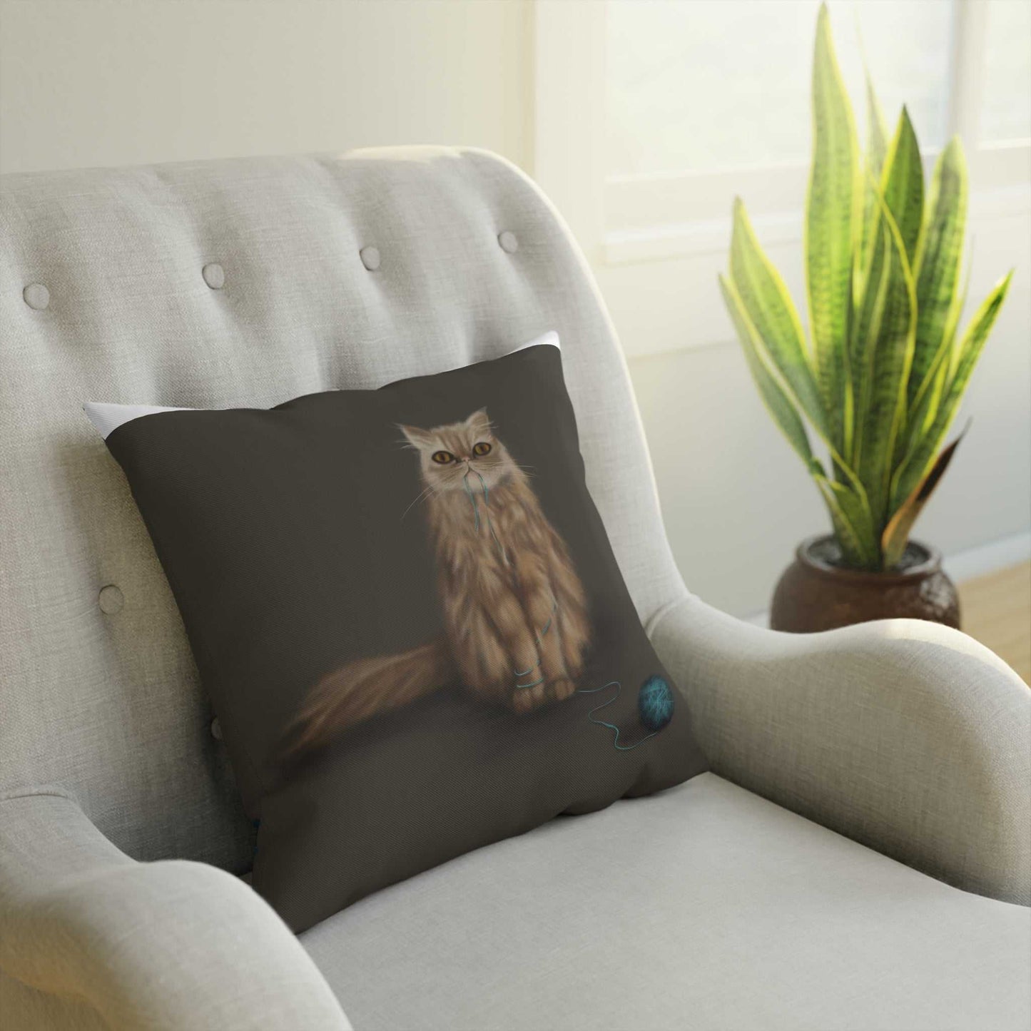 Cushion with cat design on a chair, double-sided print, polyester filling.