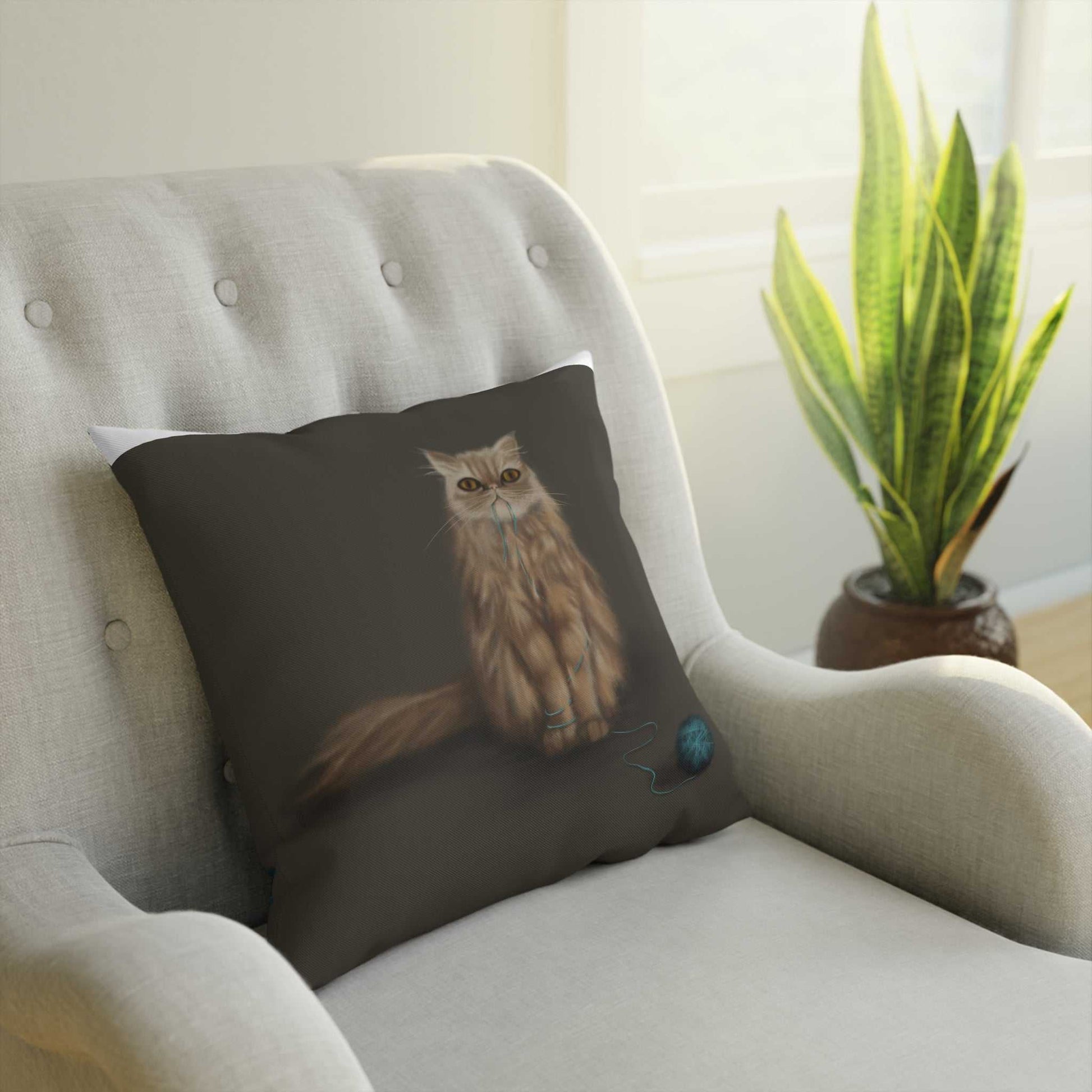 Cushion with cat design on a chair, double-sided print, polyester filling.