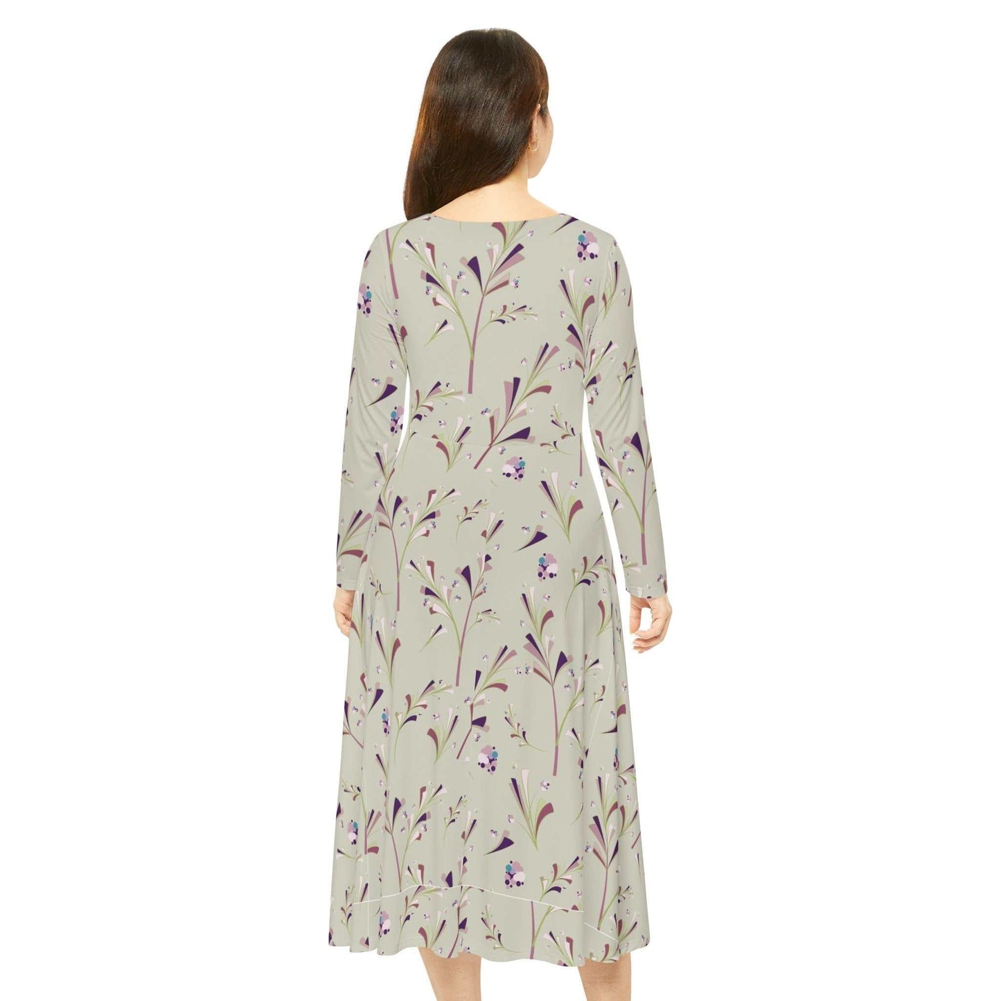 Women's long sleeve dance dress with floral pattern, polyester milk silk blend, regular fit, scoop neckline, designed by Bahareh Mortazavi.