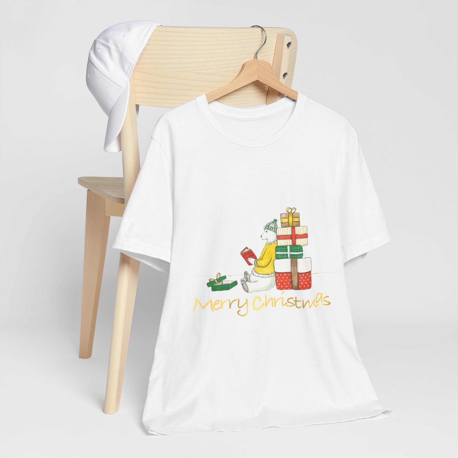 Christmas Gift Bear Shirt with cute bear design, perfect holiday gift t-shirt for men and women, colorful and festive attire.