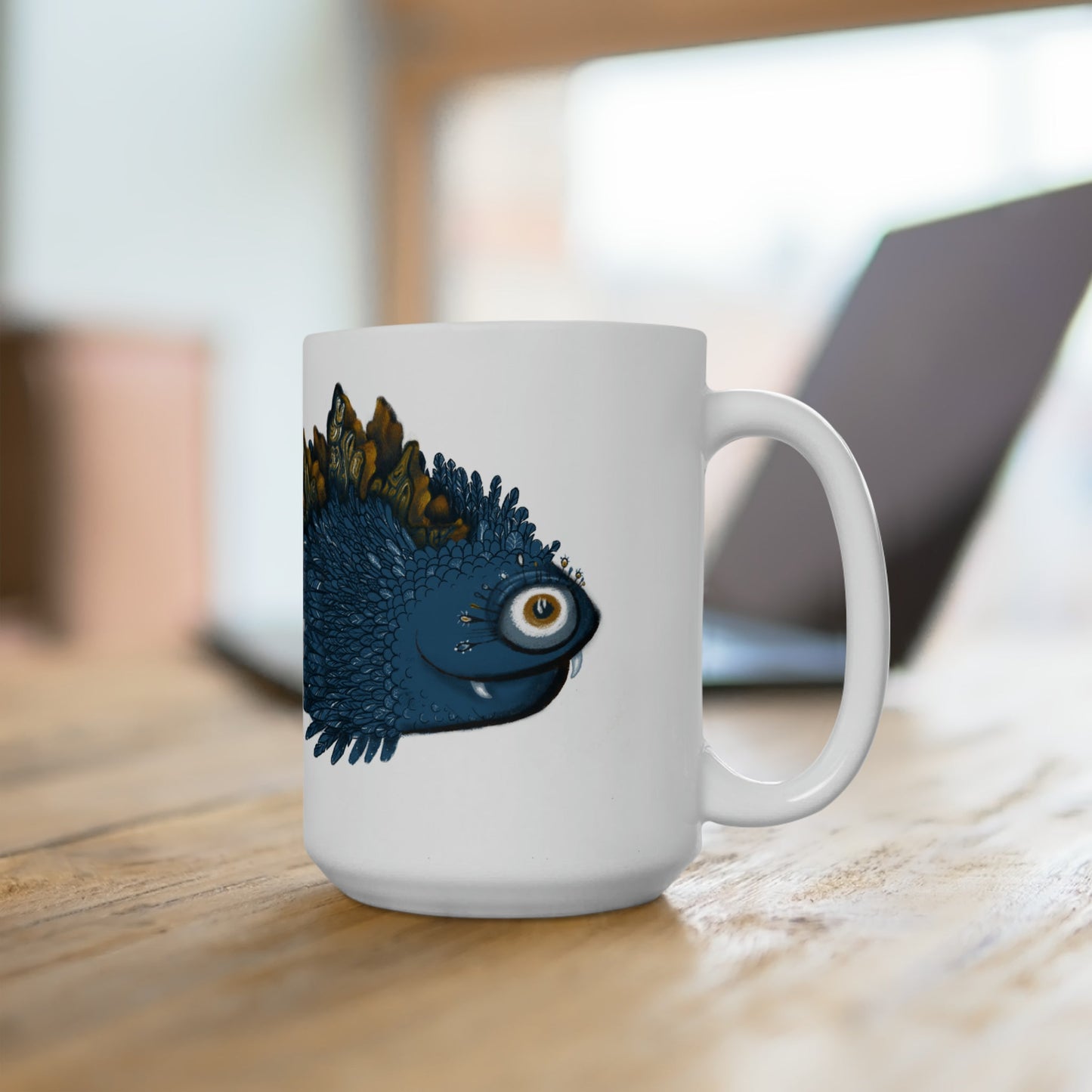 Ceramic Mug 15oz Model "SHAMAHI" with unique art design, durable white ceramic, C-handle, microwave and dishwasher safe.