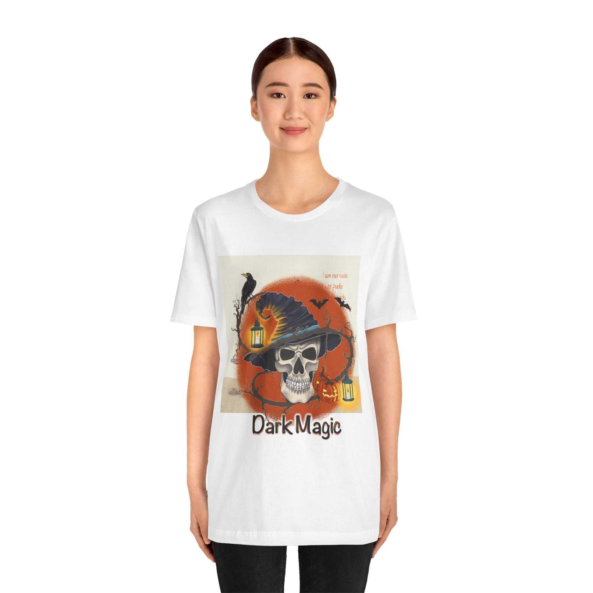 Unisex Jersey Short Sleeve Tee Model D-4 with dark magic graphic design, soft cotton, comfortable fit.