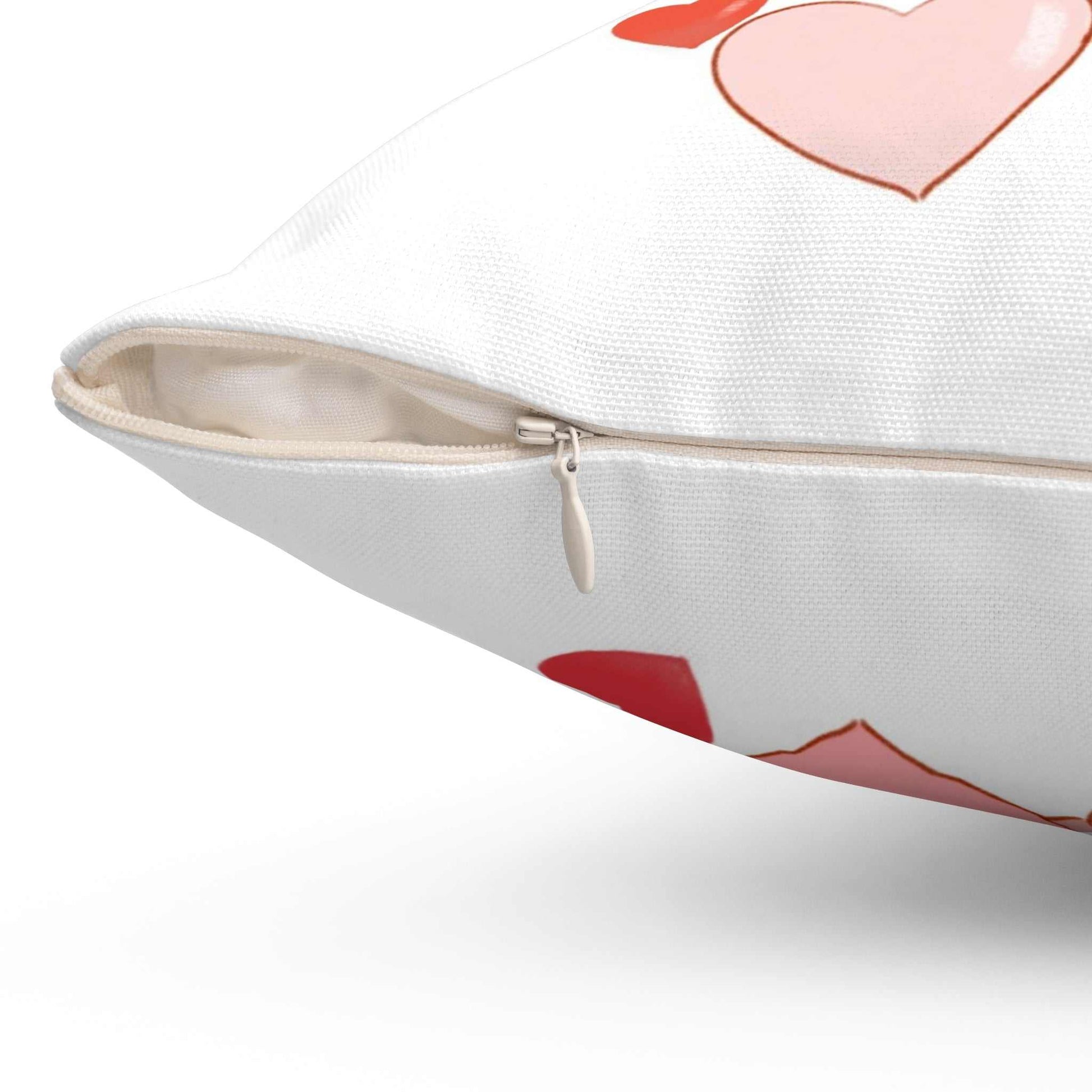 Spun polyester square pillow with red heart design, 100% polyester cover, double-sided print, concealed zipper.
